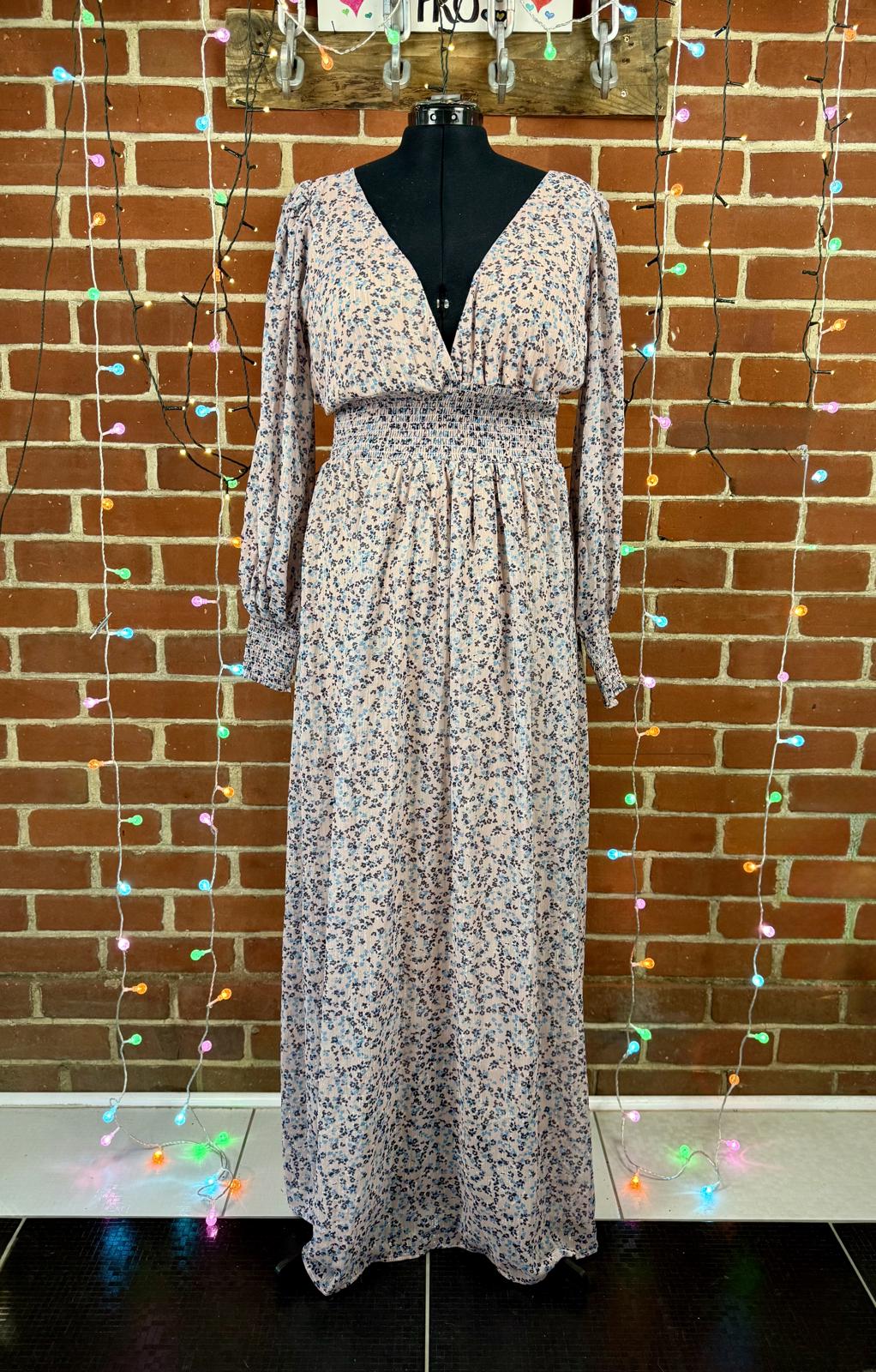 Goddiva Floral V-Neck Smocked Maxi Dress Pink UK 16 / US 12                 .278