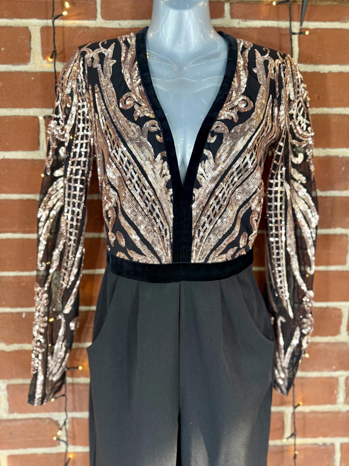 Goddiva London TR123 Champagne Sequin Tux Jumpsuit UK 8 BNWT Evening Wear