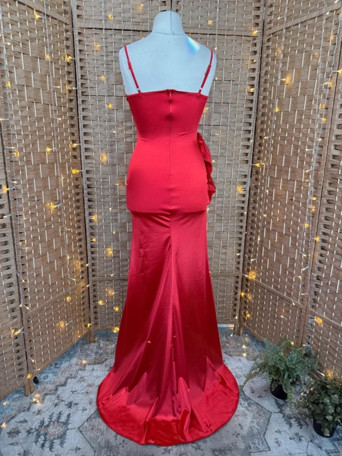 Elegant Red Satin Ruffle High-Low Evening Dress Size UK 8-10