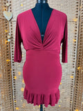 City Goddess Wine Bodycon Dress UK 16 V Neck Ruffle Party Mini