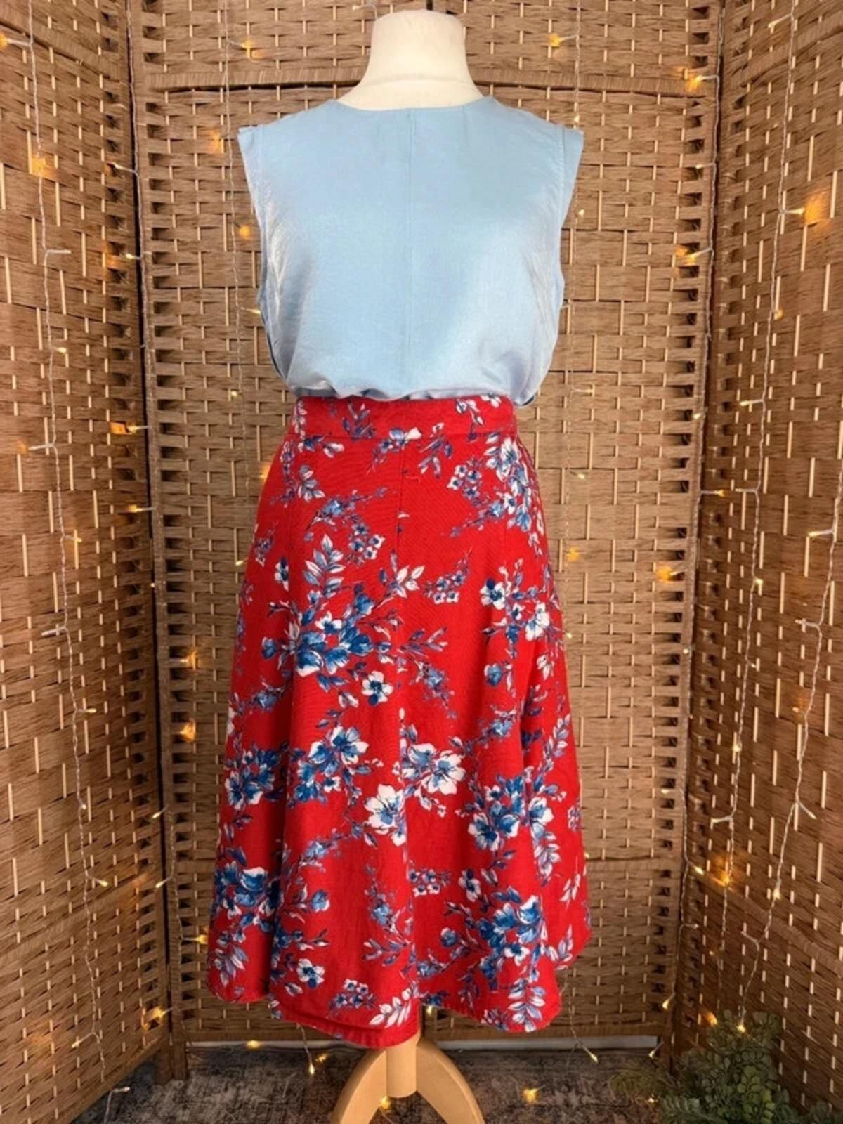 Bonmarché Red Floral Midi Skirt UK 14 Elastic Waist Summer