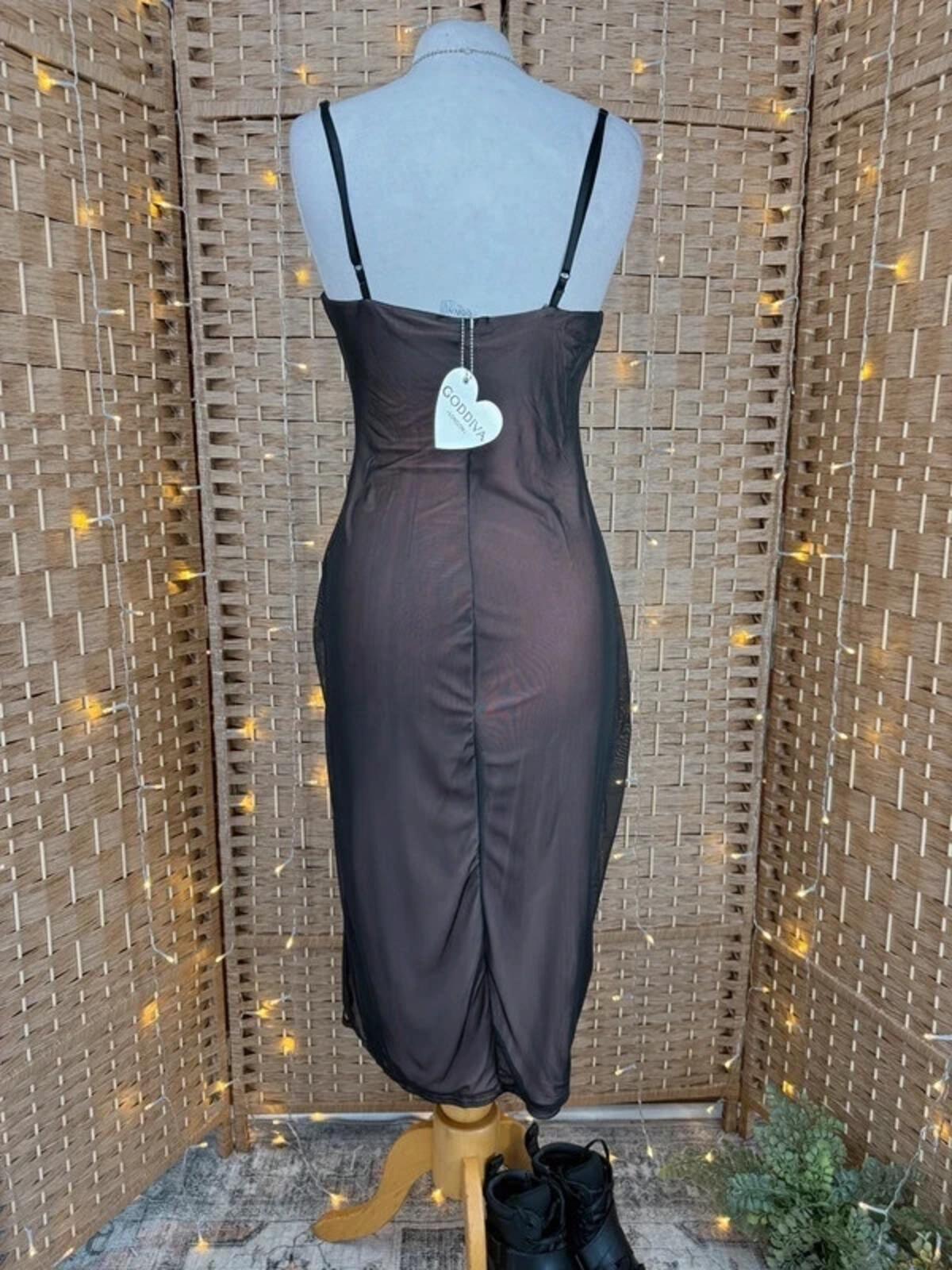 Chic Black Ruched Midi Dress with Side Slit size 10