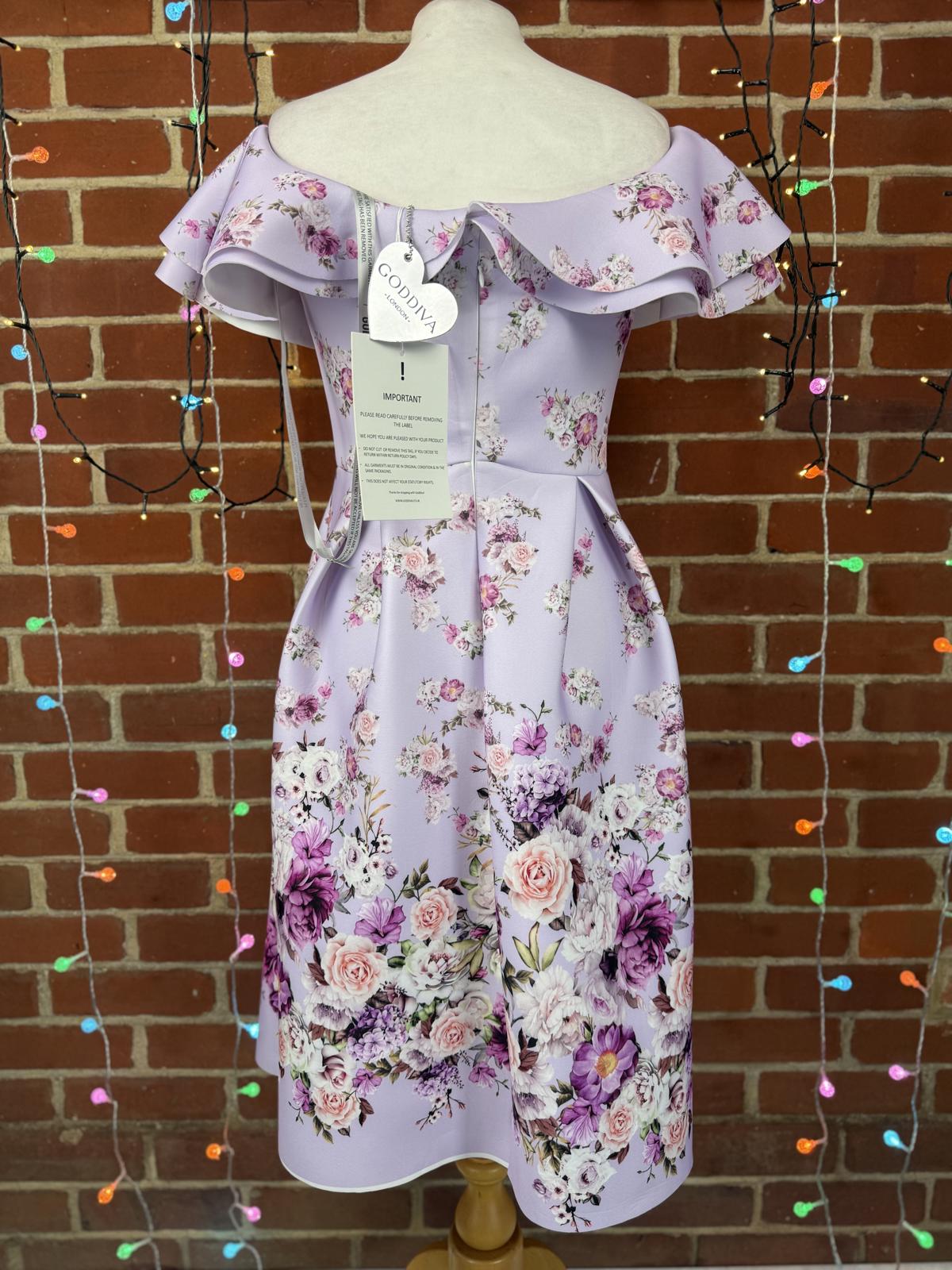 Goddiva Lilac Floral Off-Shoulder Scuba Crepe Midi Dress UK 10 / US 6       .314