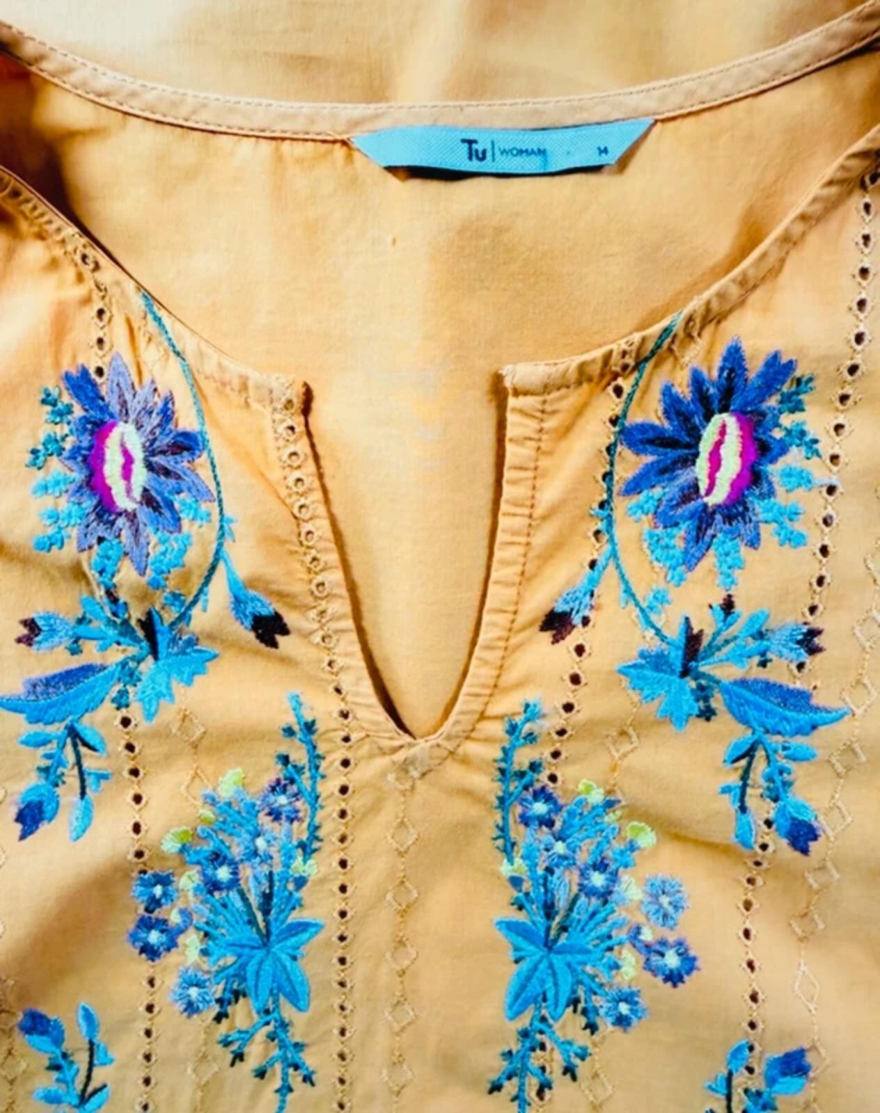 TU Mustard Boho Embroidered Peplum Top UK14 Festival