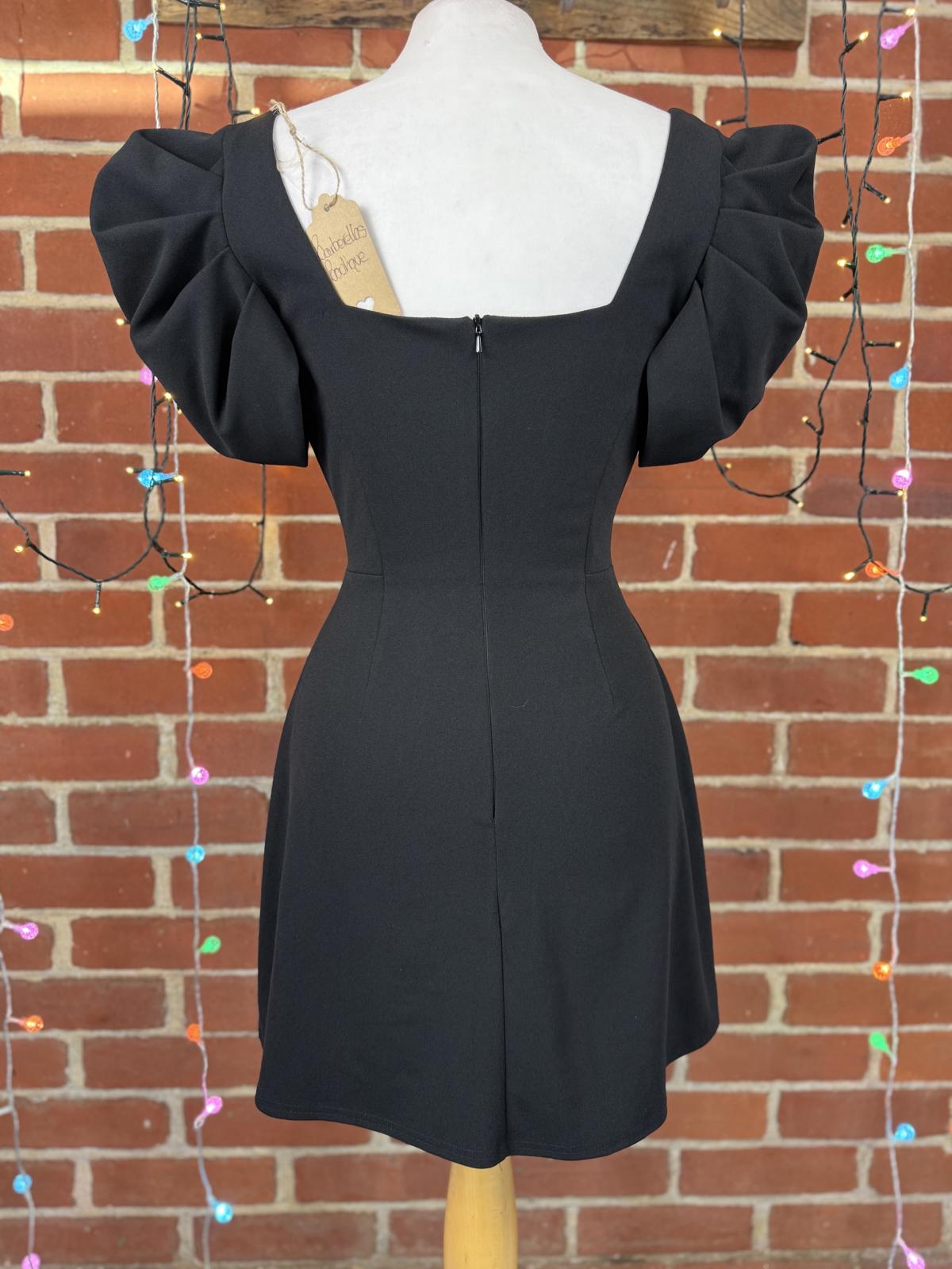 Black Puff Sleeve Mini Dress – Fits UK 8–10 / US 4–6 V-Neck Party Style     .299