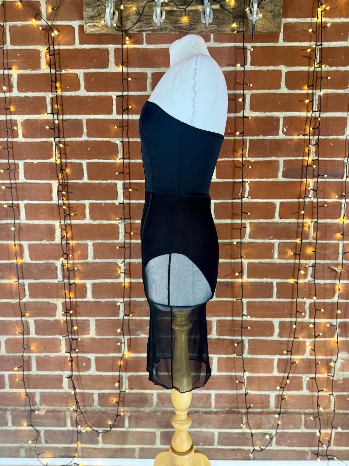 PLT Black Strapless Mesh Corset Dress Bodycon Midi UK 8 #143