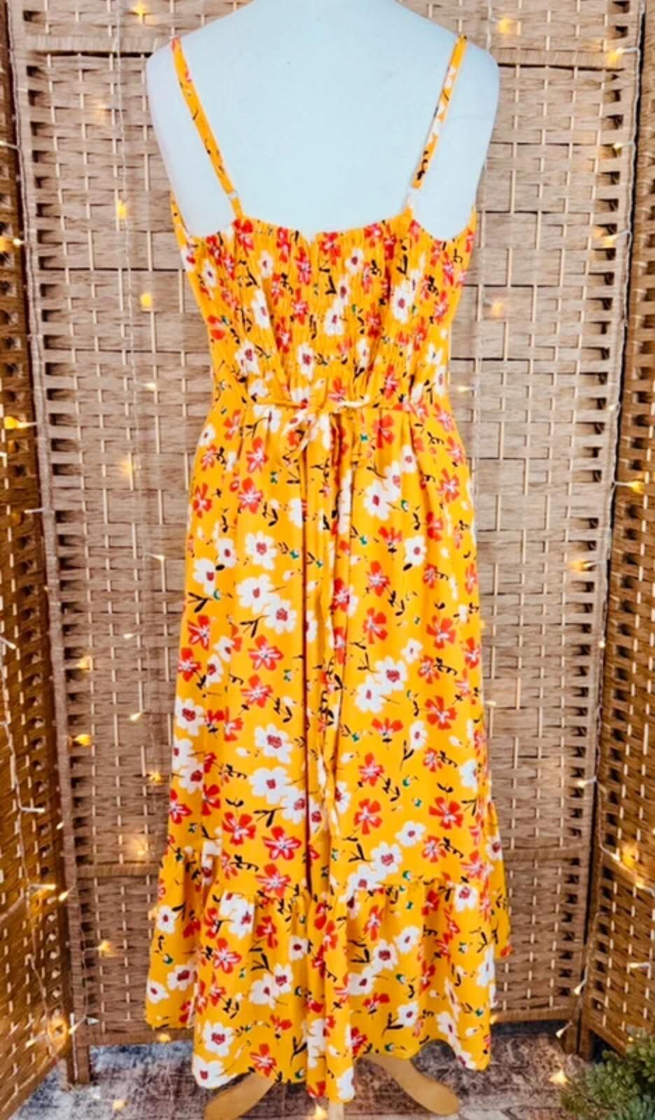 Boho Yellow Floral Frill Hem Midi Dress Size L Festival