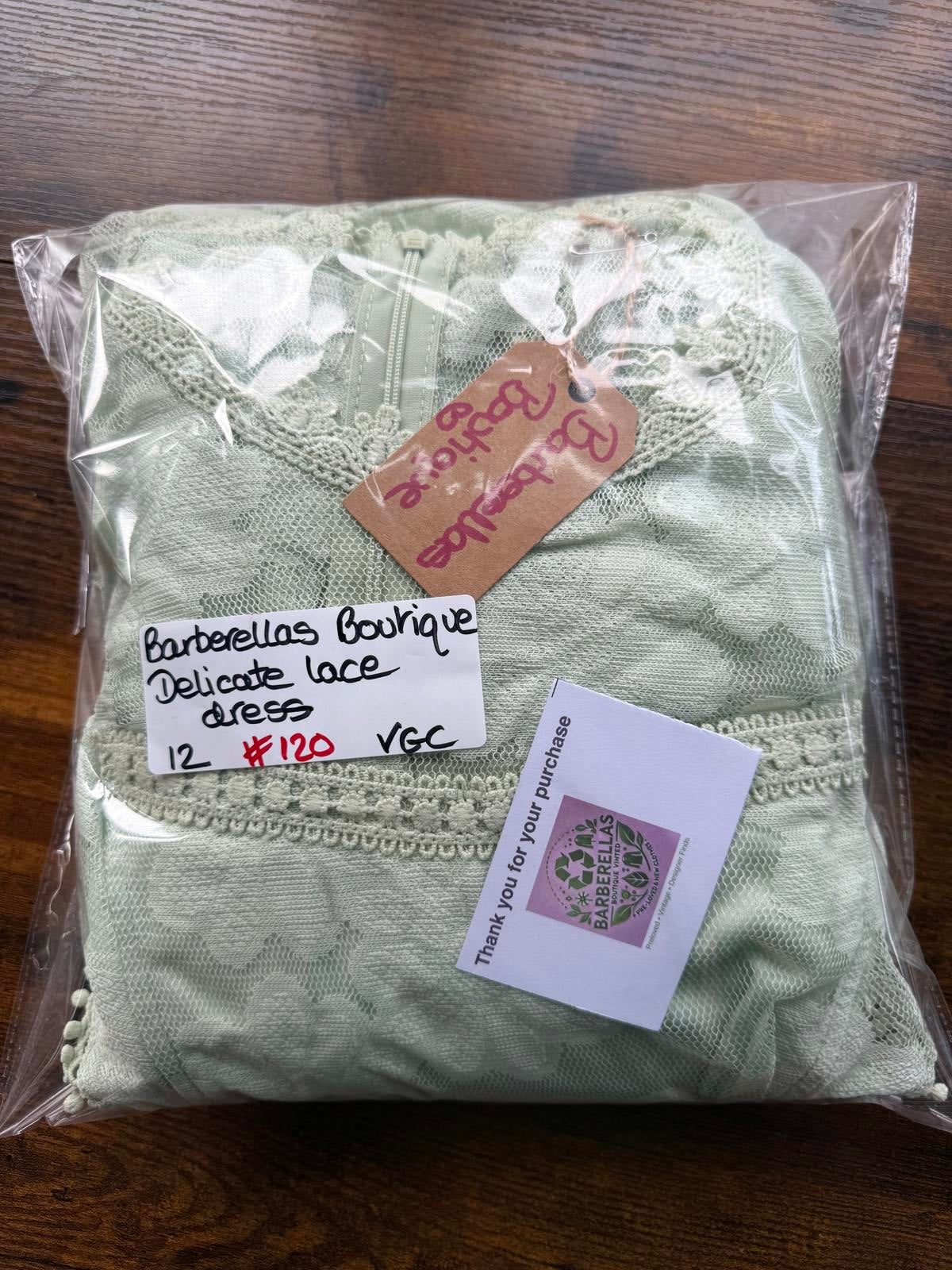 💚 Barberellas Boutique Delicate Lace Dress – Sage Green – Size UK 12 #120