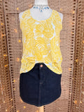 Denim Mini Skirt UK 14 + Yellow Tropical Top UK 12–14 Summer Set