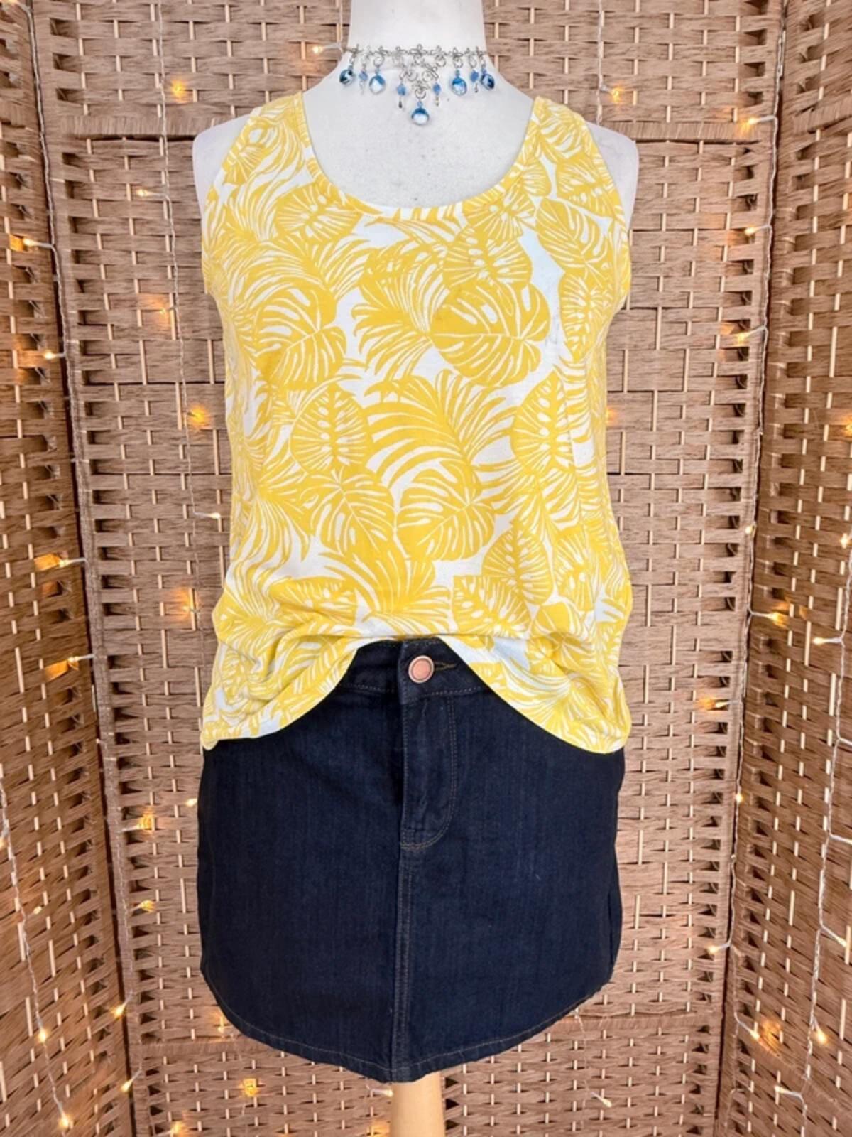 Denim Mini Skirt UK 14 + Yellow Tropical Top UK 12–14 Summer Set