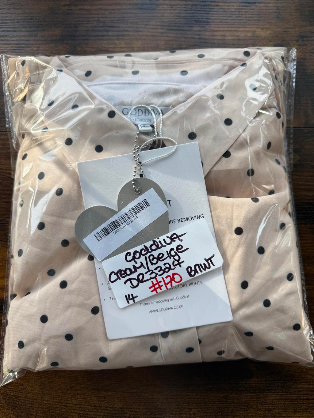 Goddiva Cream Beige Polka Dot Pleated Midi Shirt Dress UK 14 BNWT