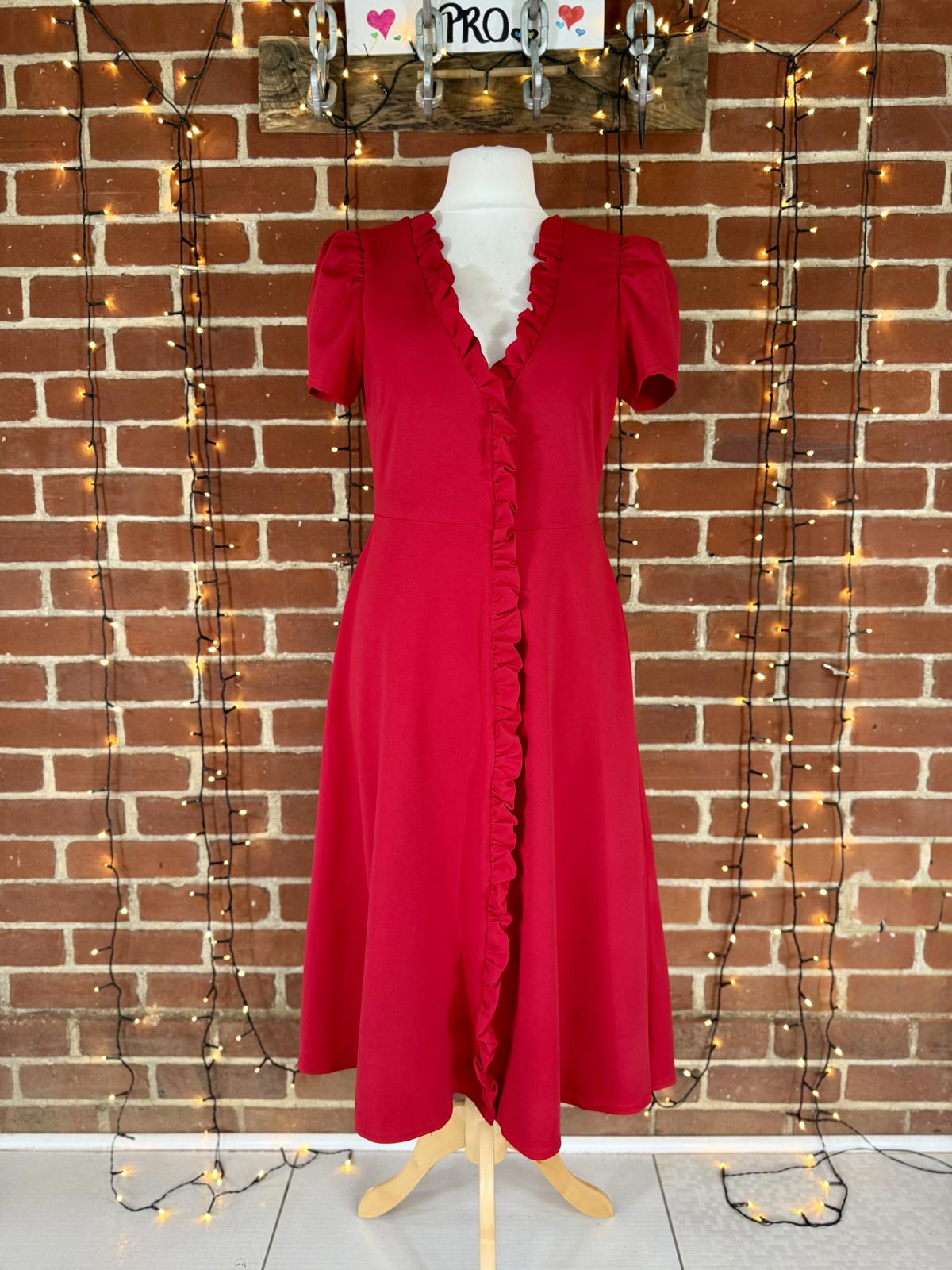 Goddiva London Red Ruffle Front Midi Dress – UK 14 – New With Tags #117