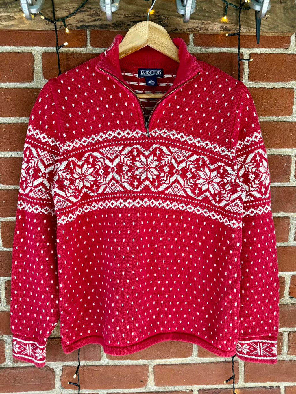 90s Vintage Lands’ End Fair Isle Red Half-Zip Sweater Made in Japan (M / 10–12)
