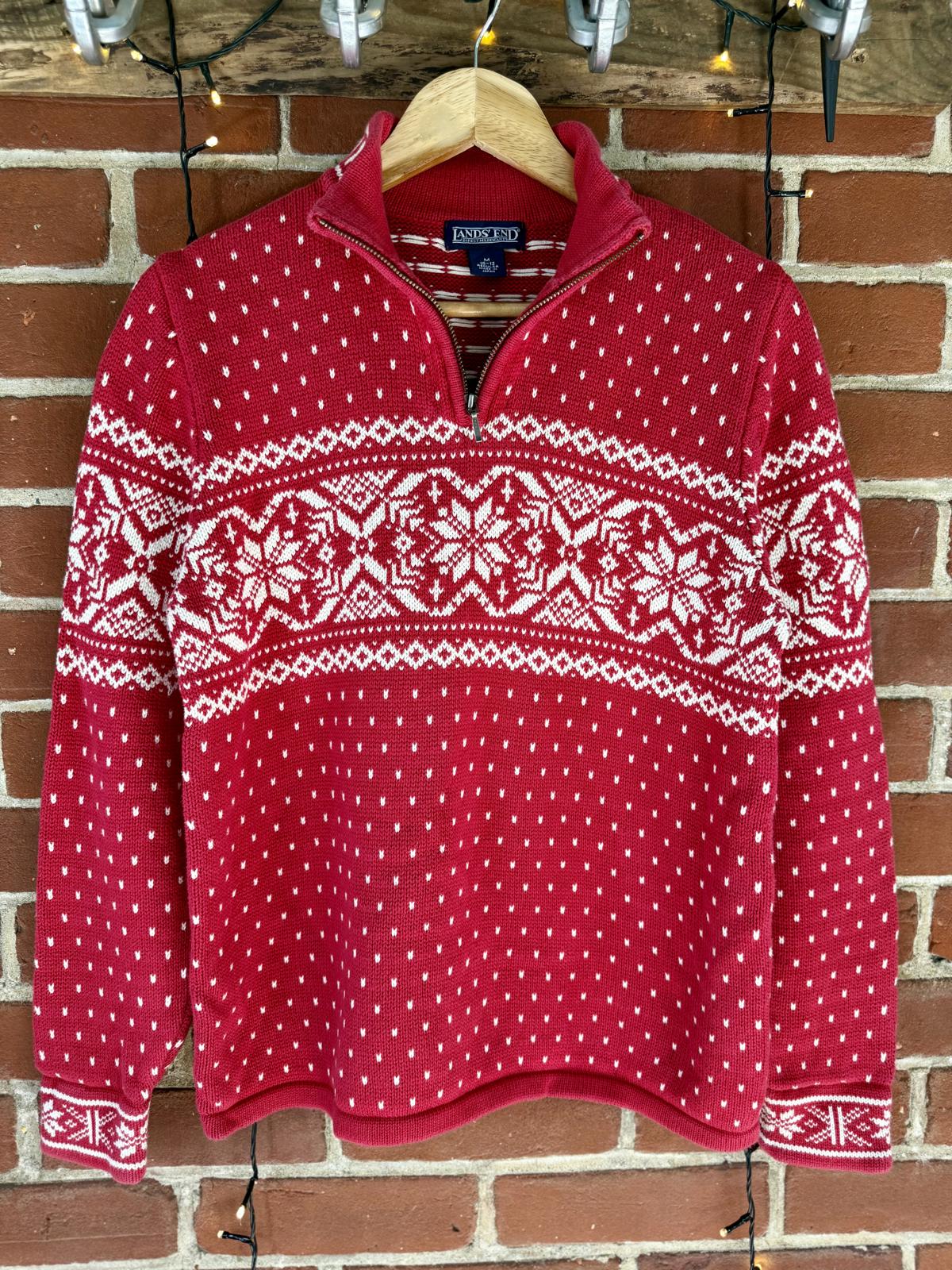 90s Vintage Lands’ End Fair Isle Red Half-Zip Sweater Made in Japan (M / 10–12)