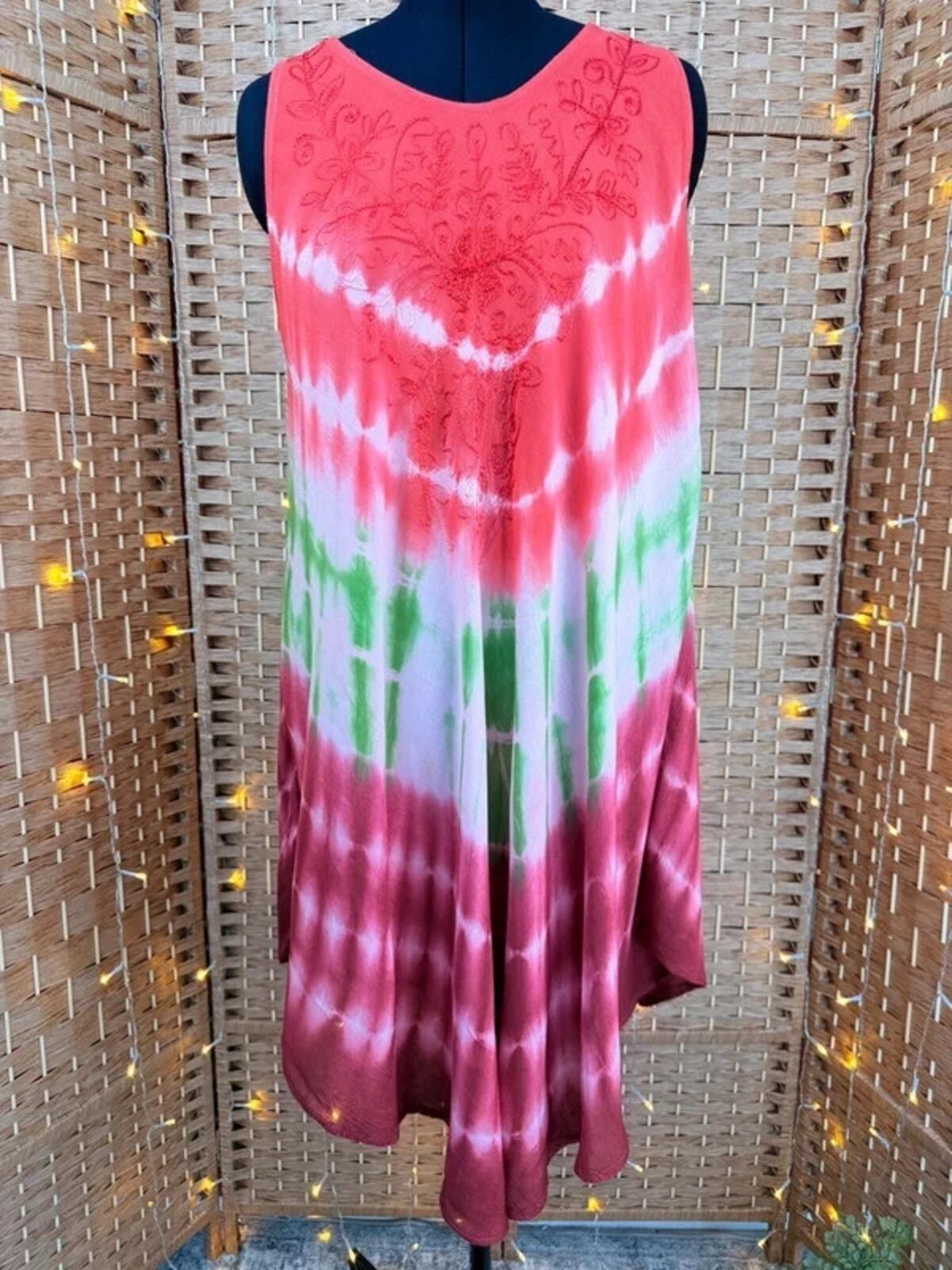 Boho Tie Dye Swing Dress Embroidered Summer Cover Up 16-18