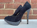 Roland Cartier Black Suede Glitter Platform Peep Toe Heels UK 6