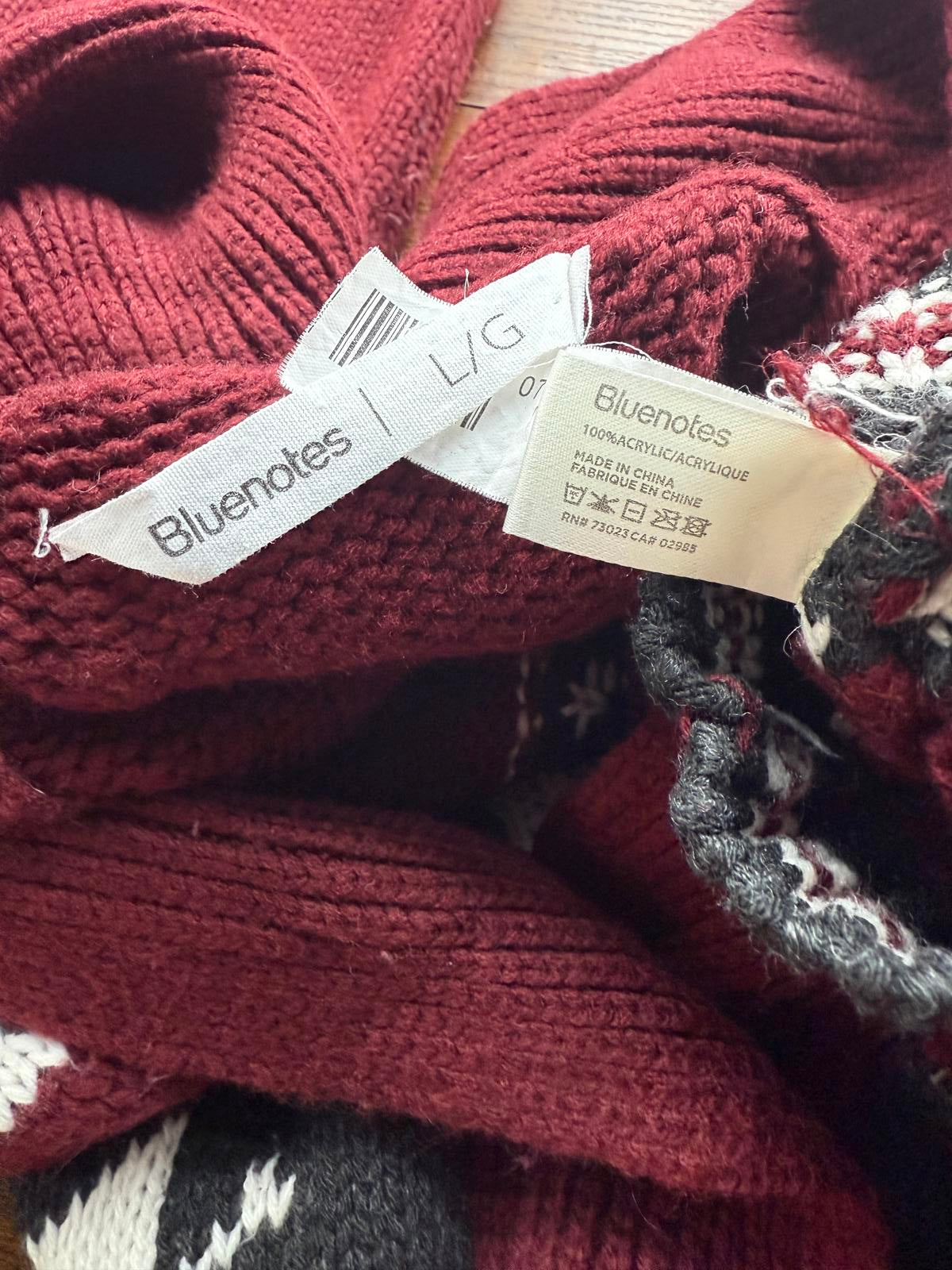 Bluenotes Fair Isle Knit Cardigan Sweater Burgundy Black White Snowflake L #67 NUM6