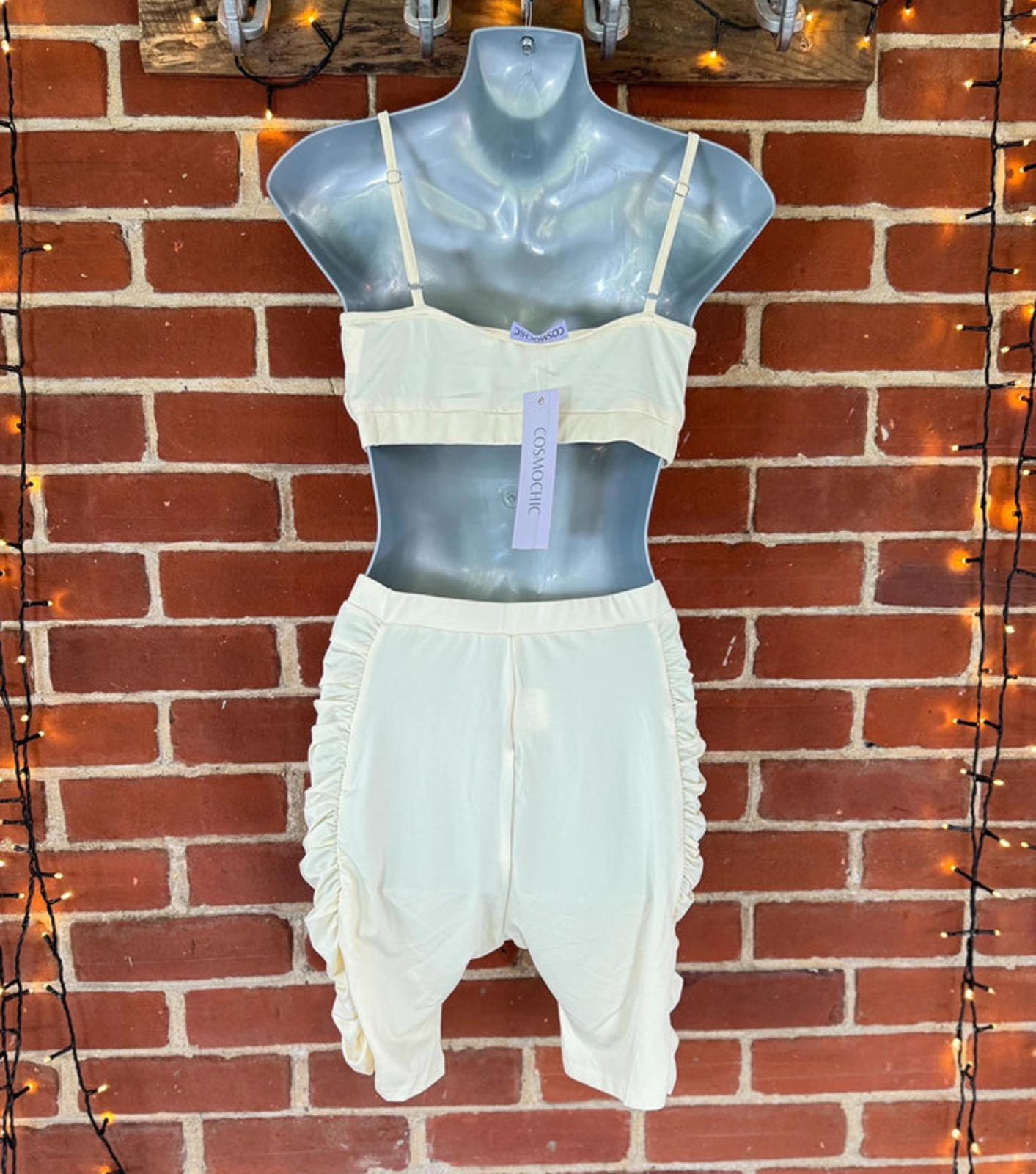 COSMOCHIC Beige Sports Bra & Ruched Shorts Set | Size M (UK 10–12)