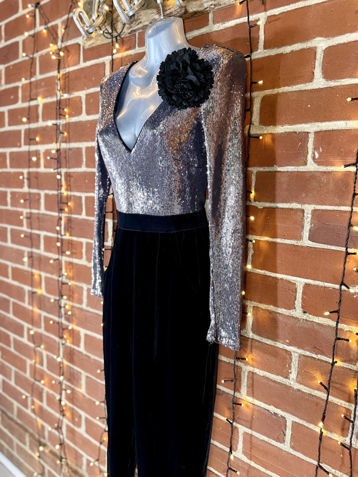 Goddiva Sequin Velvet Tuxedo Jumpsuit UK 8 Silver Black Party Outfit VGC #152