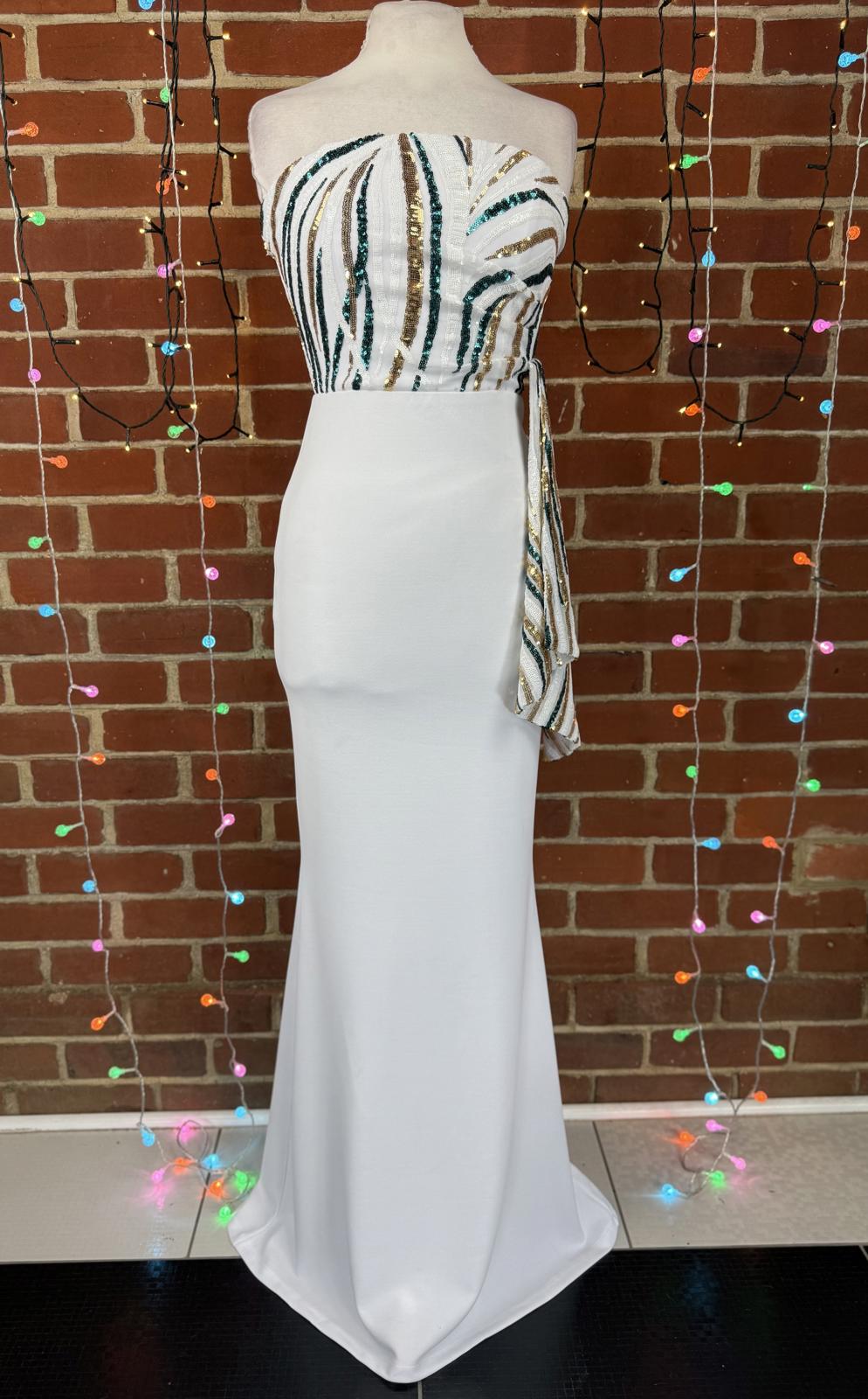 Goddiva London Strapless White Sequin Maxi Dress UK 8 / US 4                .317