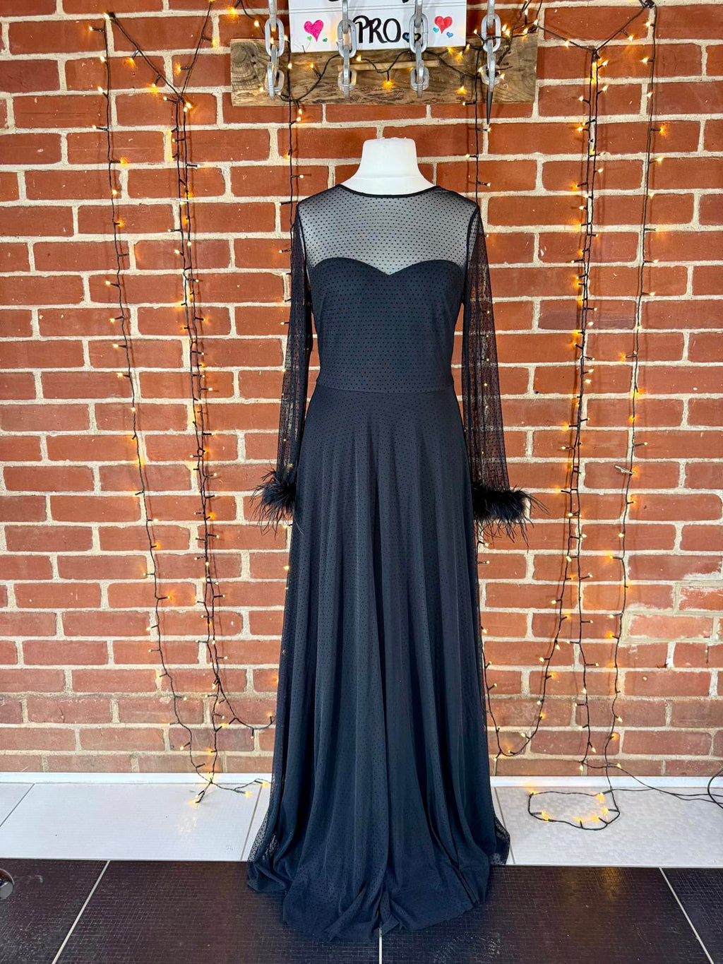 Goddiva Black Mesh Feather Sleeve Gown UK 16 Elegant Evening Dress #179