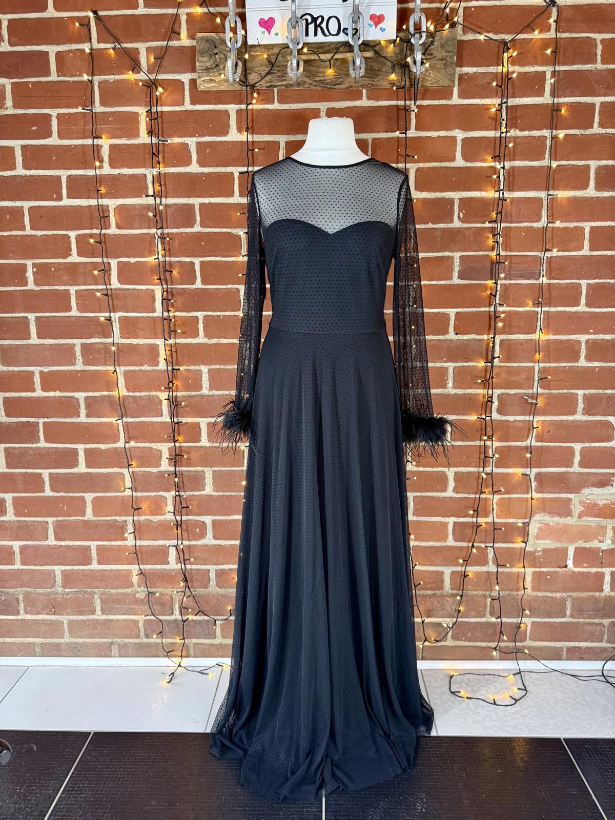 Goddiva Black Mesh Feather Sleeve Gown UK 16 Elegant Evening Dress #179