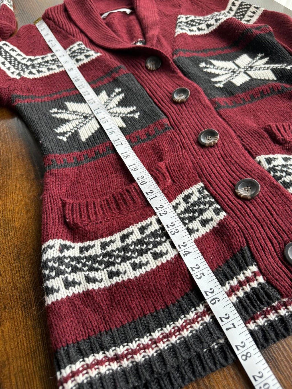 Bluenotes Fair Isle Knit Cardigan Sweater Burgundy Black White Snowflake L #67 NUM6