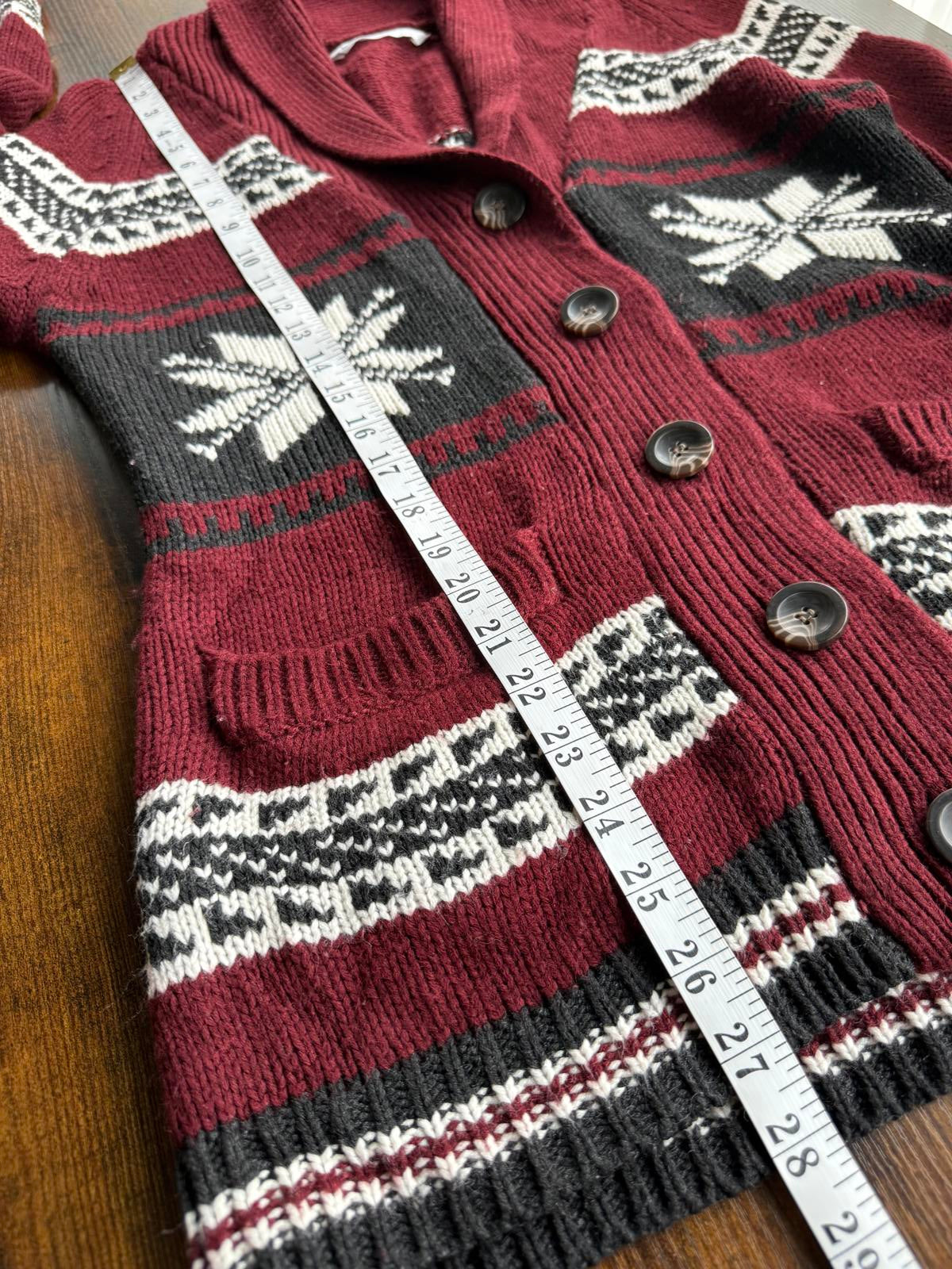 Bluenotes Fair Isle Knit Cardigan Sweater Burgundy Black White Snowflake L #67 NUM6
