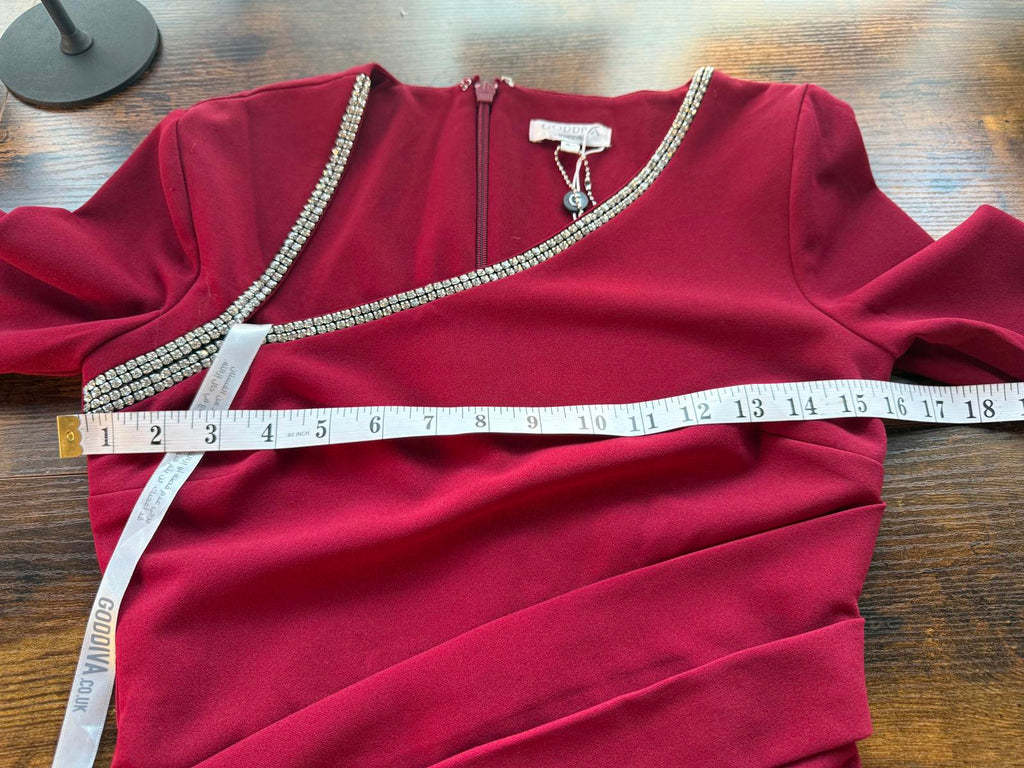 Goddiva London DR4421 Wine Red Embellished Midi Dress UK 8 – Ruched Wrap Style