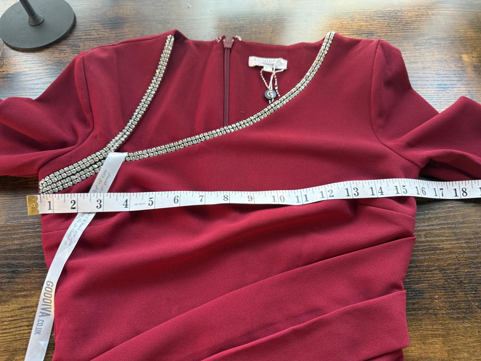 Goddiva London DR4421 Wine Red Embellished Midi Dress UK 8 – Ruched Wrap Style