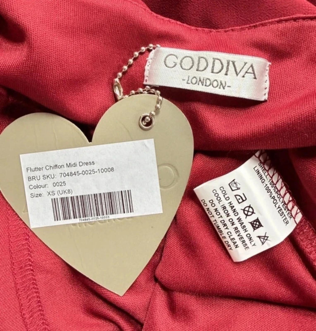 Goddiva Berry Chiffon Midi Dress UK 8 XS Flutter Sleeve BNWT