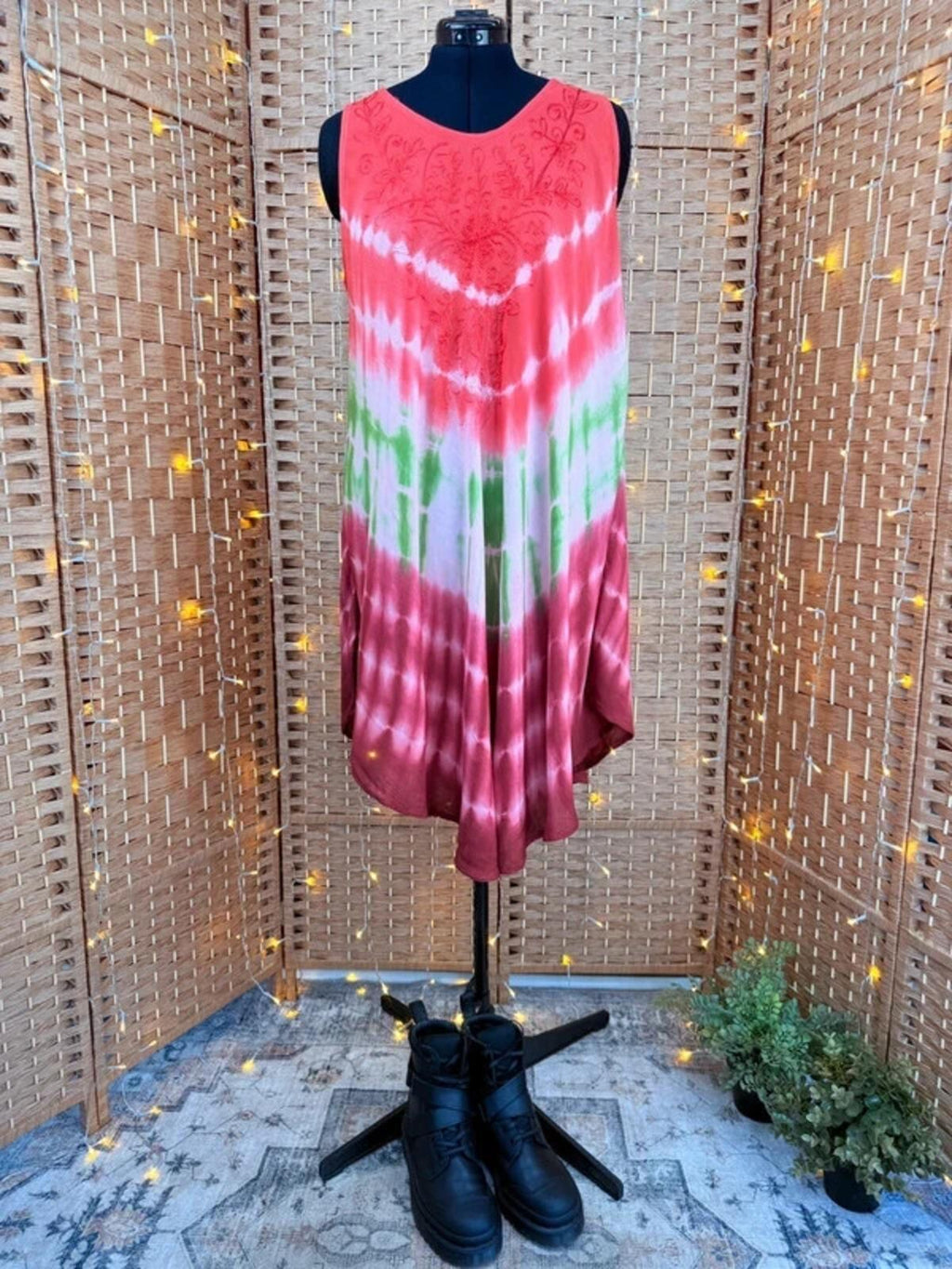 Boho Tie Dye Swing Dress Embroidered Summer Cover Up 16-18