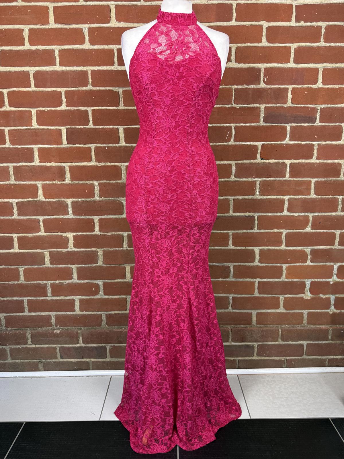 Goddiva Cerise Lace Halter Maxi Dress UK 6–8 Stretch Occasion sku355