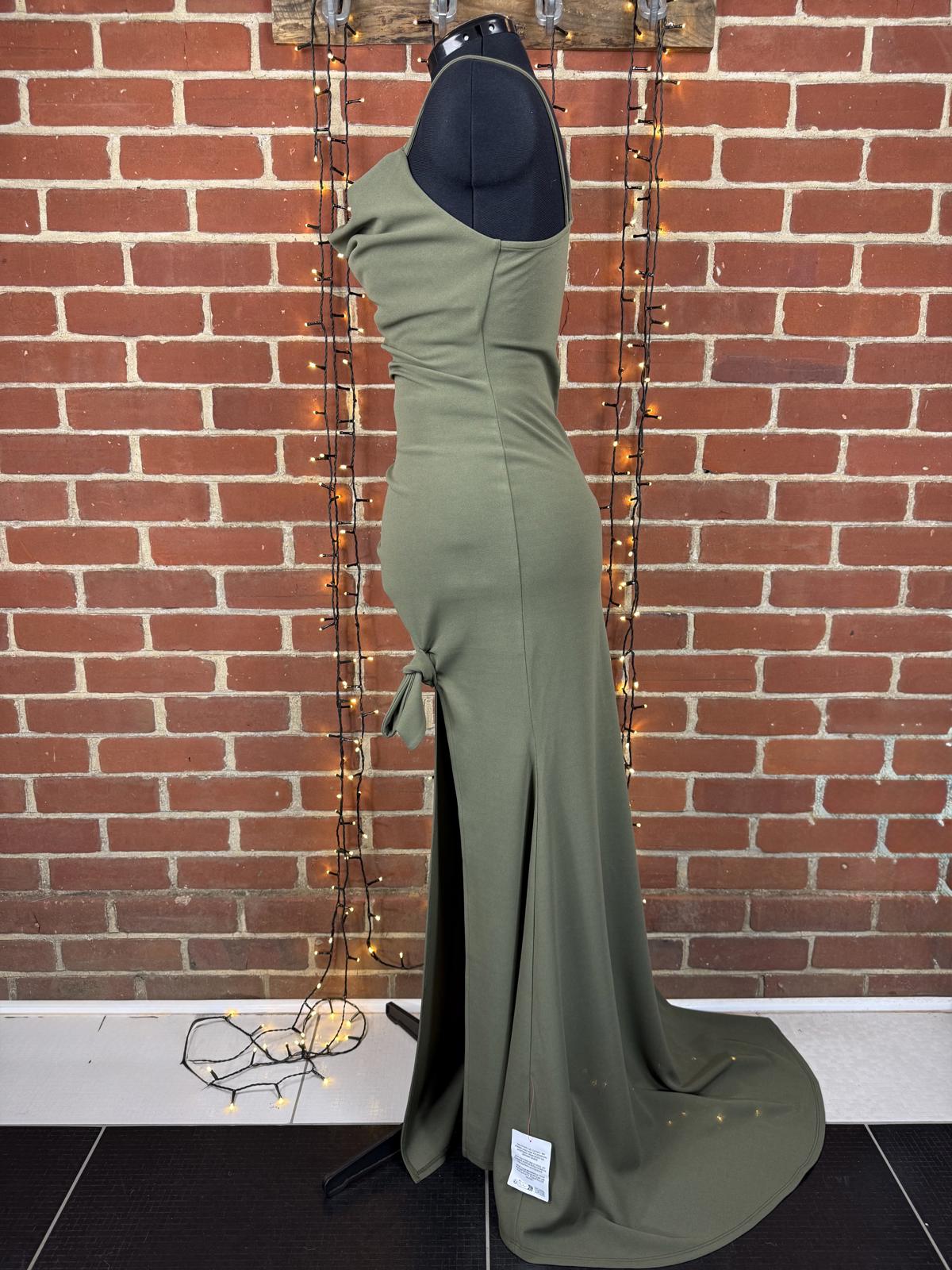 💚 ASOS Olive One-Shoulder Satin Maxi Dress UK 14 Elegant Ruched Gown sku396