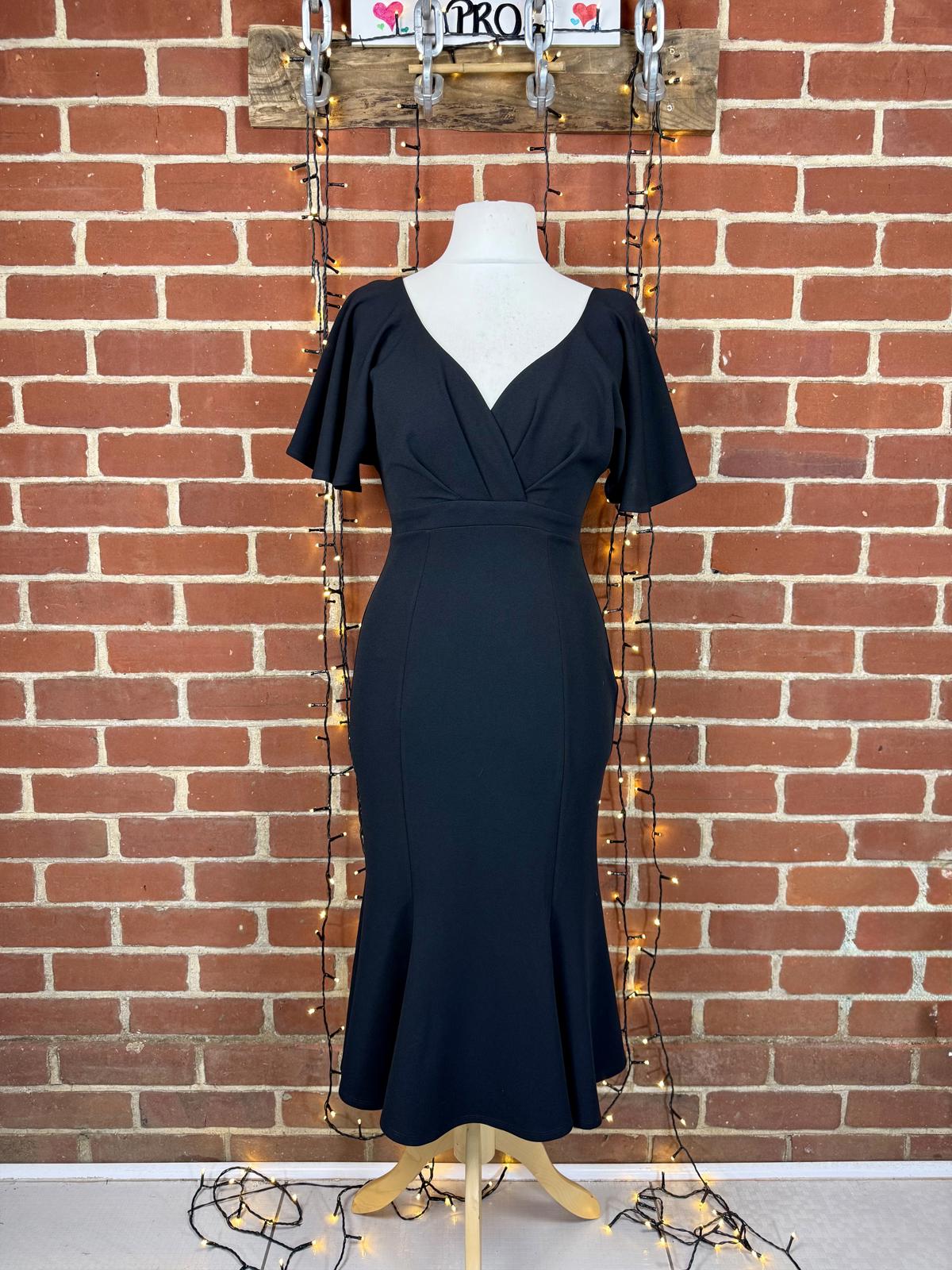 Goddiva Black Fishtail Midi Dress UK 12 US 8 Flutter Sleeve Occasion sku426