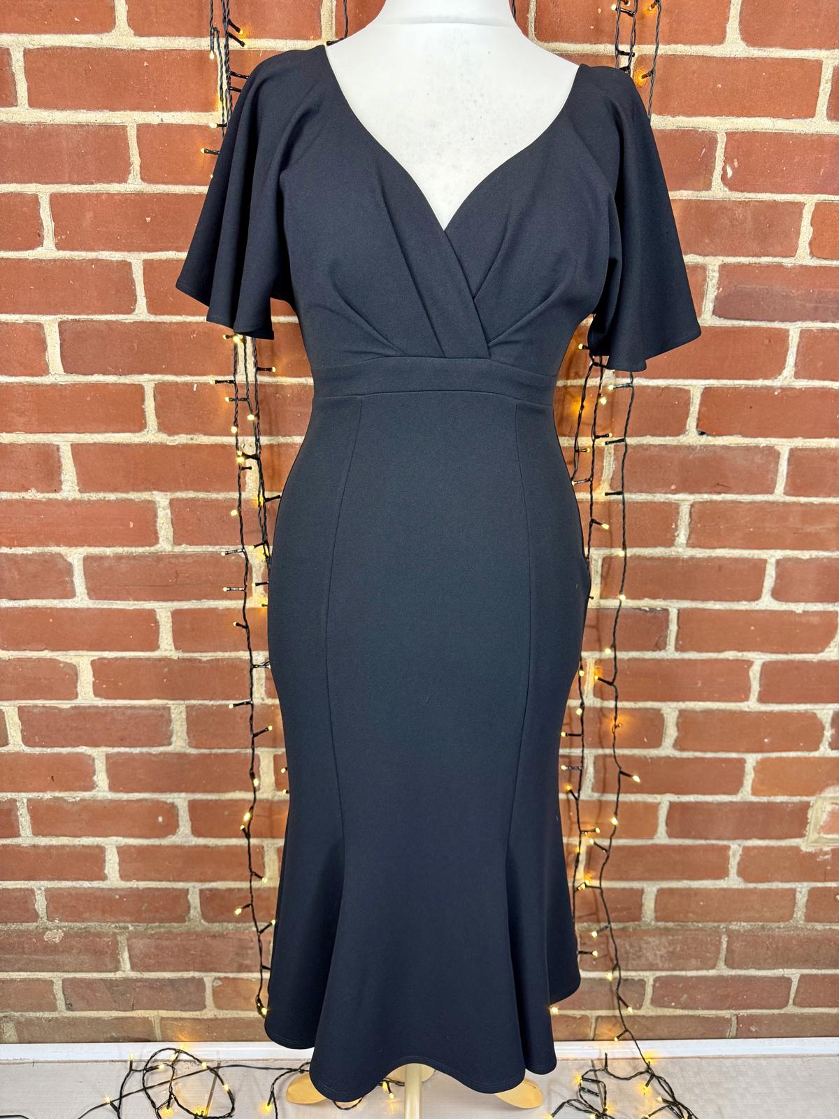 Goddiva Black Fishtail Midi Dress UK 12 US 8 Flutter Sleeve Occasion sku426