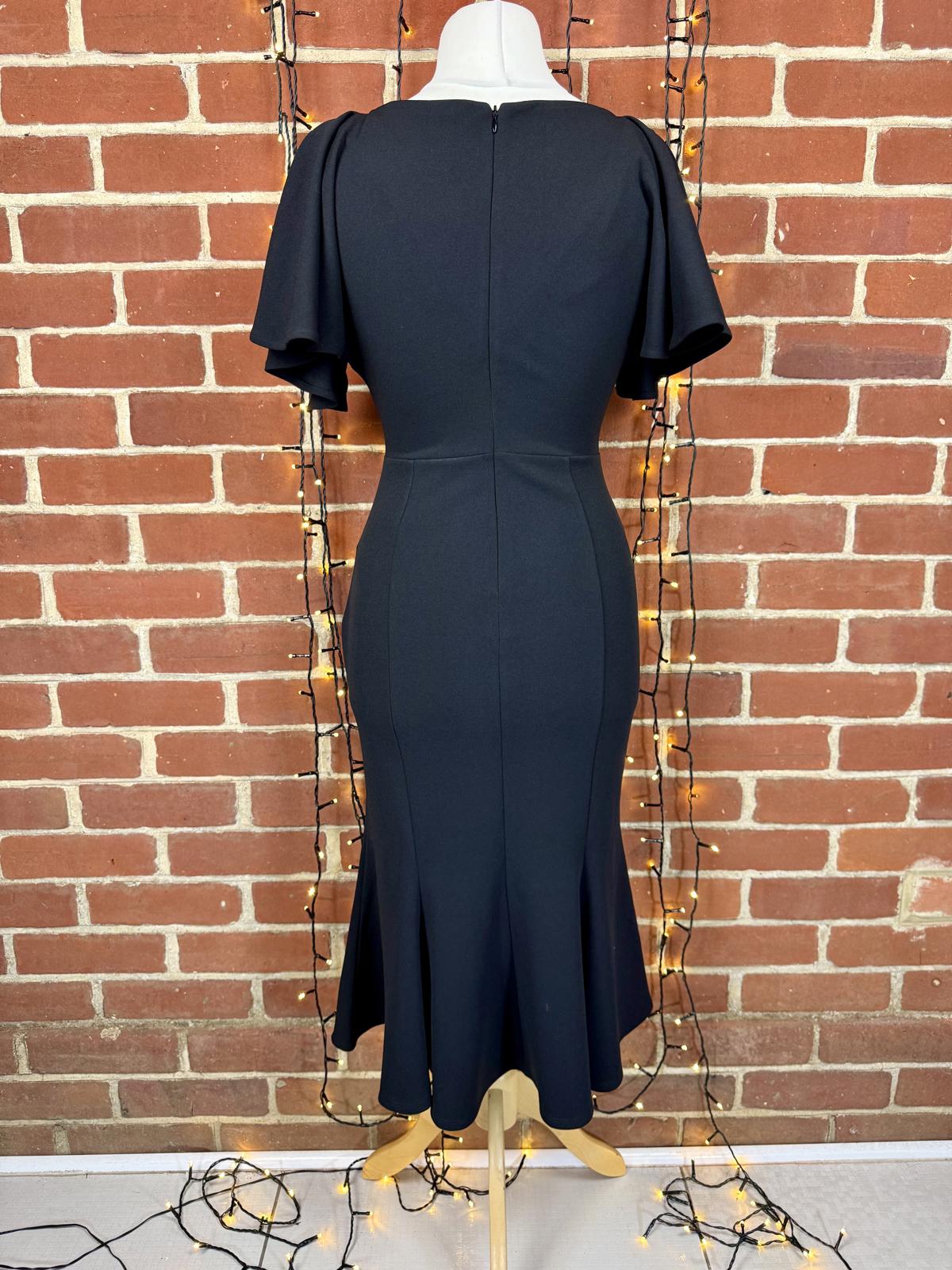 Goddiva Black Fishtail Midi Dress UK 12 US 8 Flutter Sleeve Occasion sku426