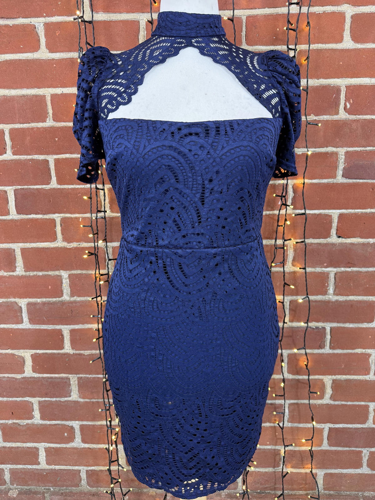 City Goddess Navy Lace High Neck Midi Dress UK 14 Occasion sku435
