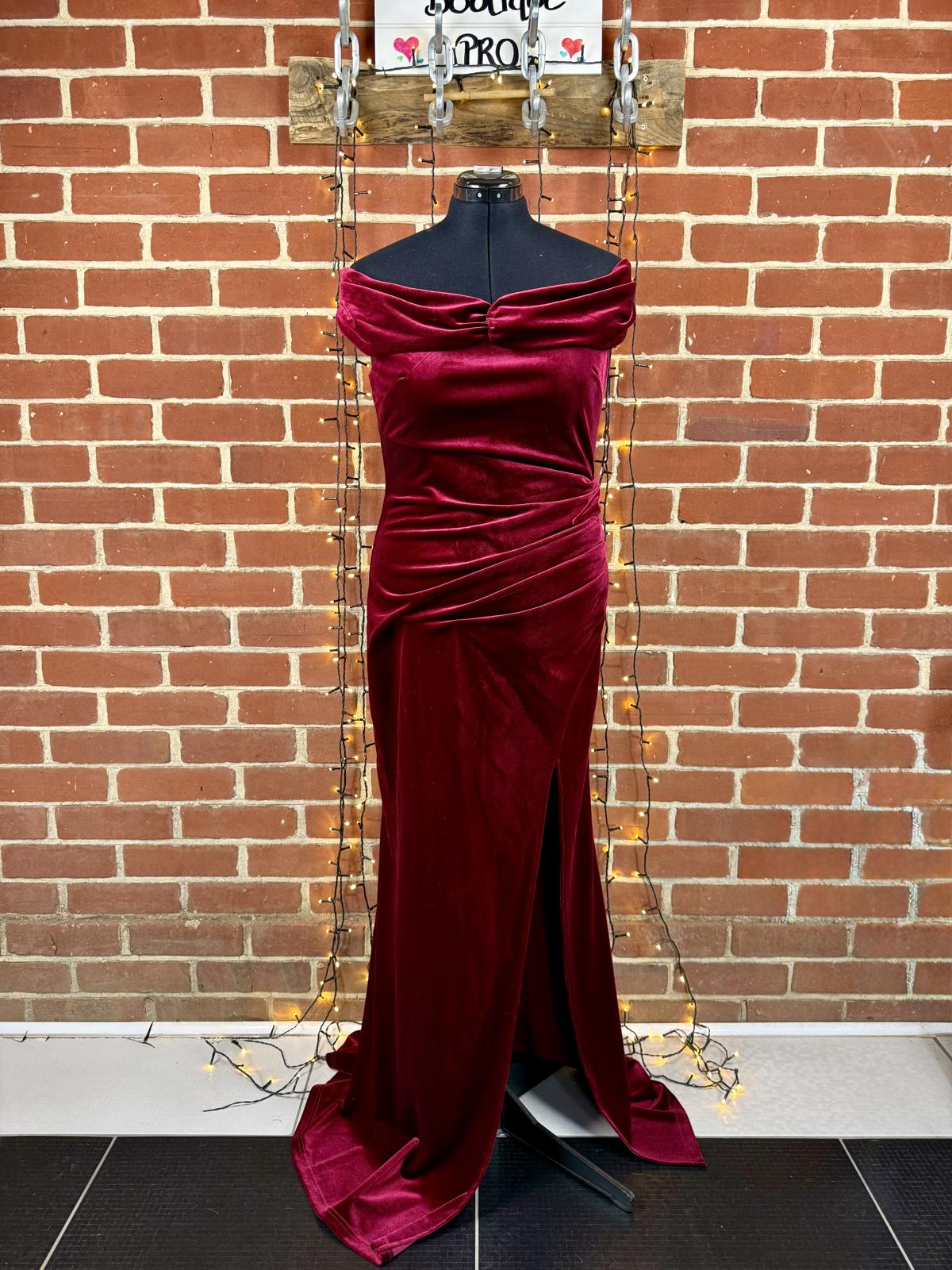 Burgundy Velvet Bardot Maxi Dress UK 16 Sample Evening Gown Slit sku 439