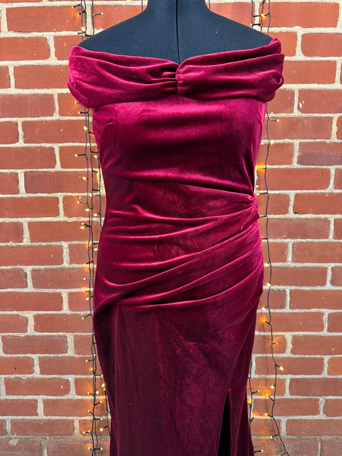 Burgundy Velvet Bardot Maxi Dress UK 16 Sample Evening Gown Slit sku 439