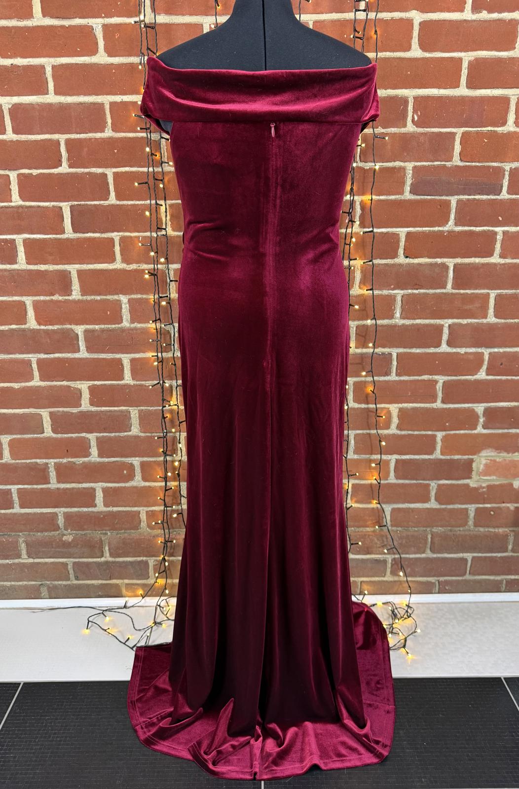Burgundy Velvet Bardot Maxi Dress UK 16 Sample Evening Gown Slit sku 439