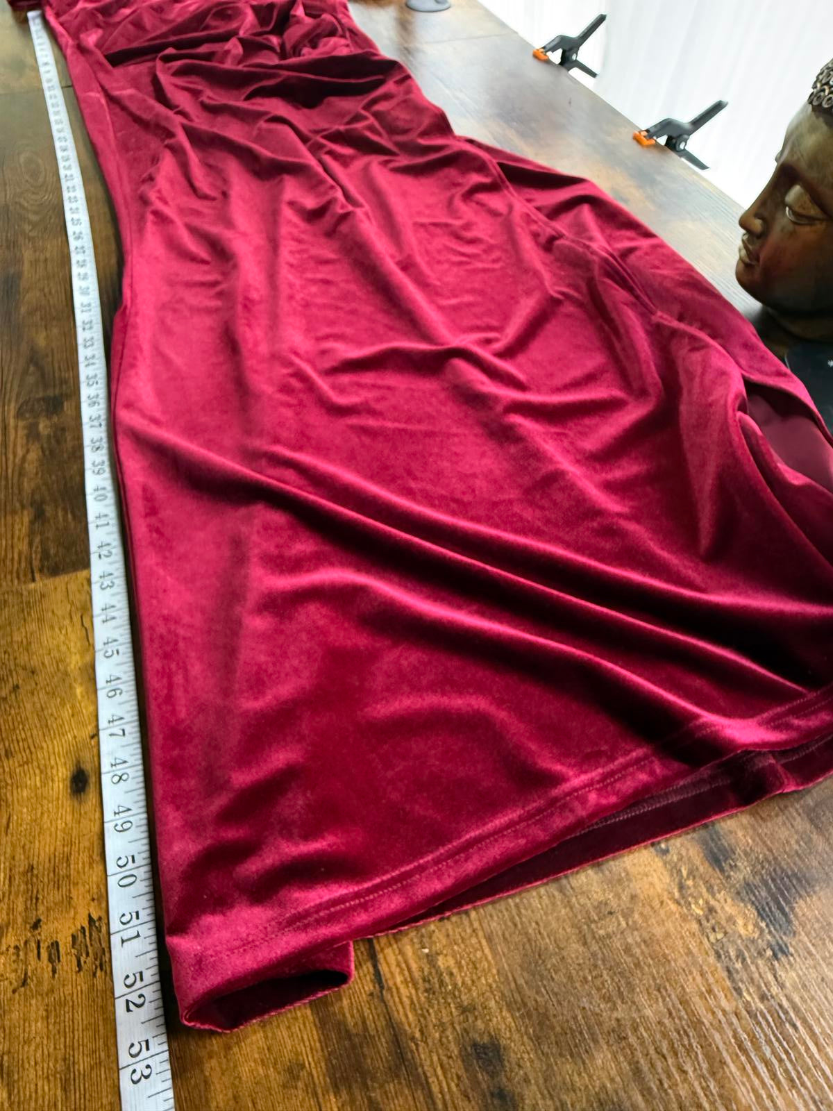 Burgundy Velvet Bardot Maxi Dress UK 16 Sample Evening Gown Slit sku 439