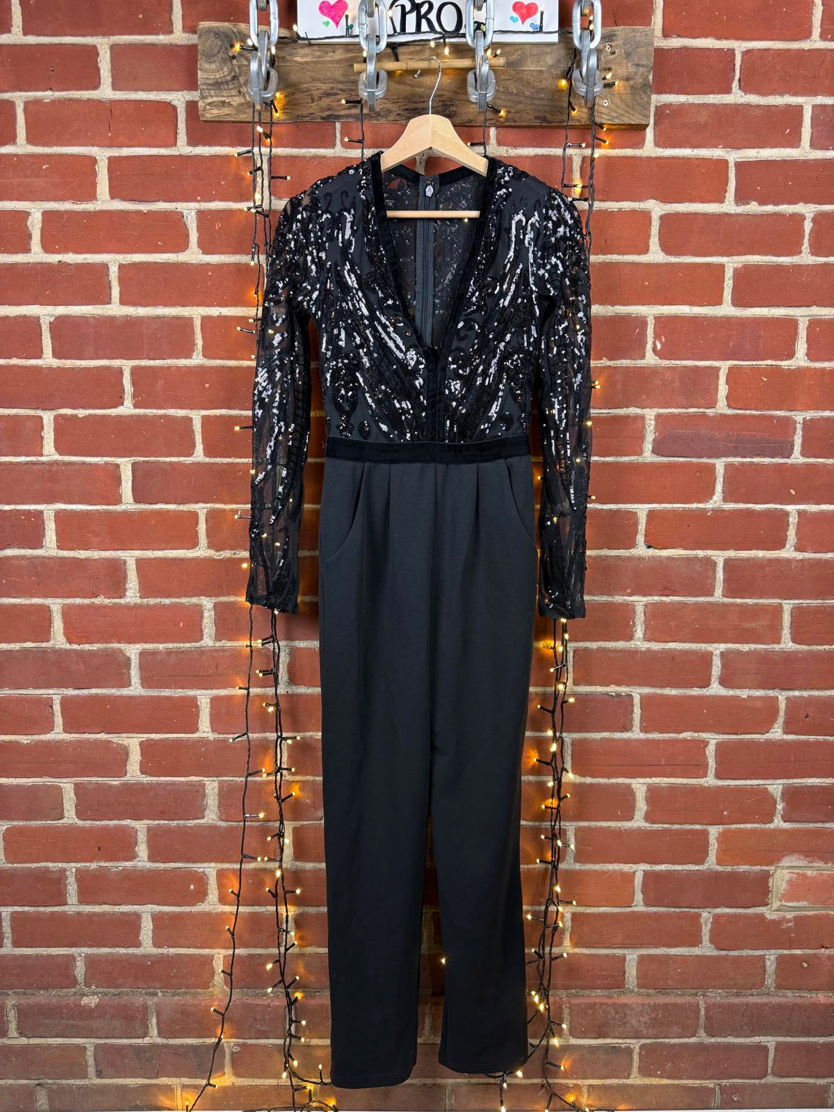 Goddiva London Black Sequin Lace Wide Leg Jumpsuit UK 8 BNWT sku450