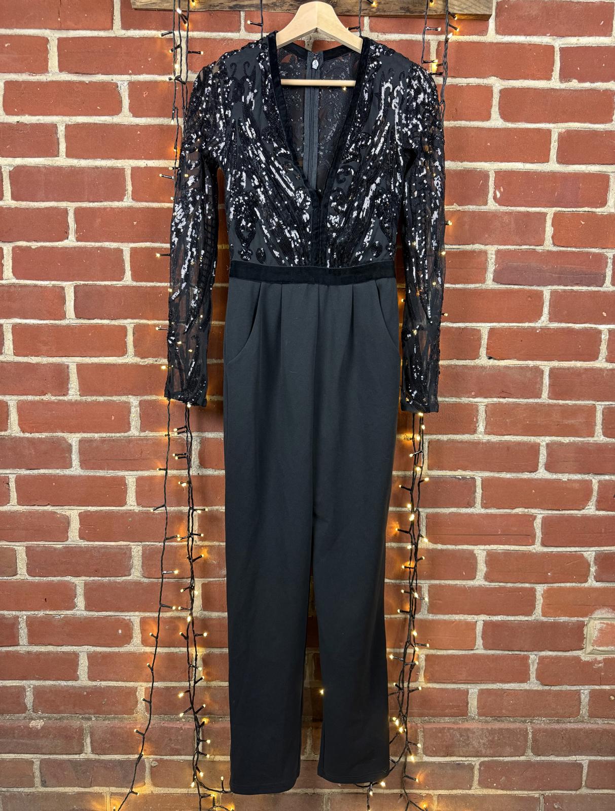 Goddiva London Black Sequin Lace Wide Leg Jumpsuit UK 8 BNWT sku450