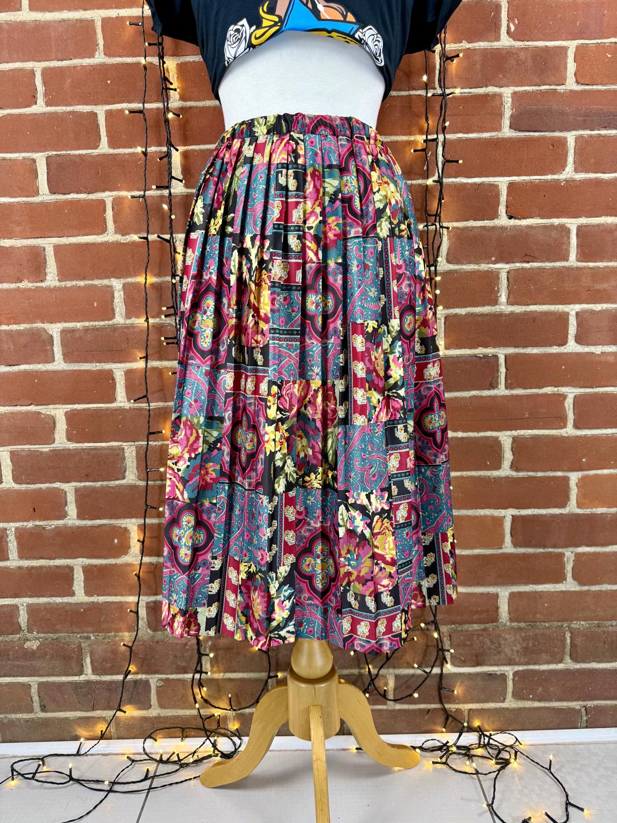 Vintage 90s Pleated Patchwork Midi Skirt UK 12 Made in England Boho Retro sku455