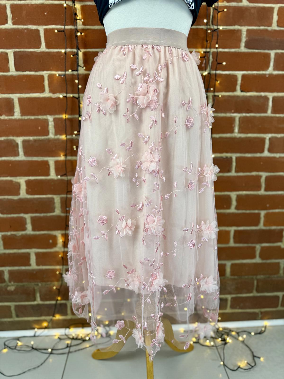 Pink 3D Floral Mesh Midi Skirt UK 14–16 XXL Tulle Occasion Party sku456