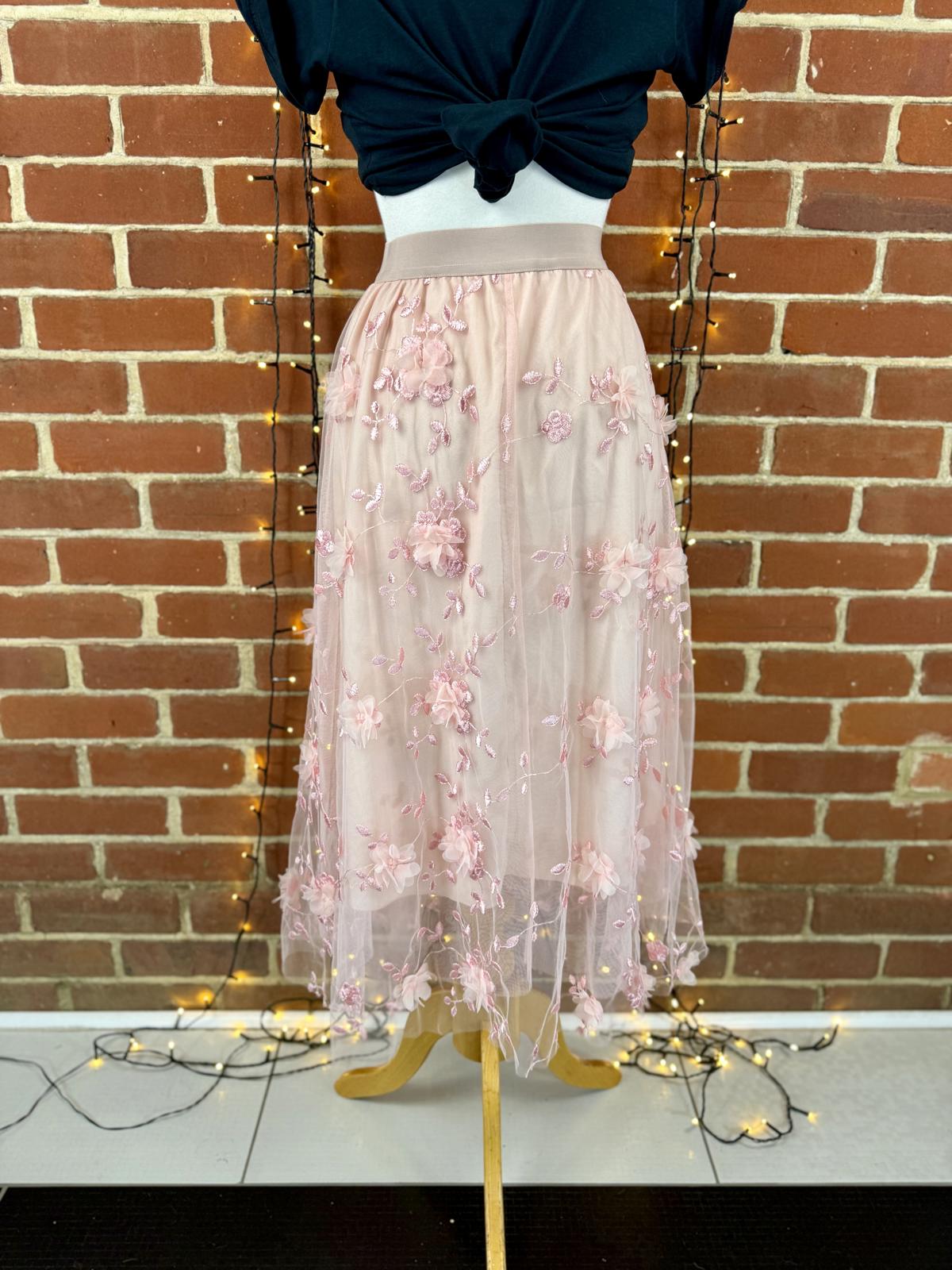 Pink 3D Floral Mesh Midi Skirt UK 14–16 XXL Tulle Occasion Party sku456