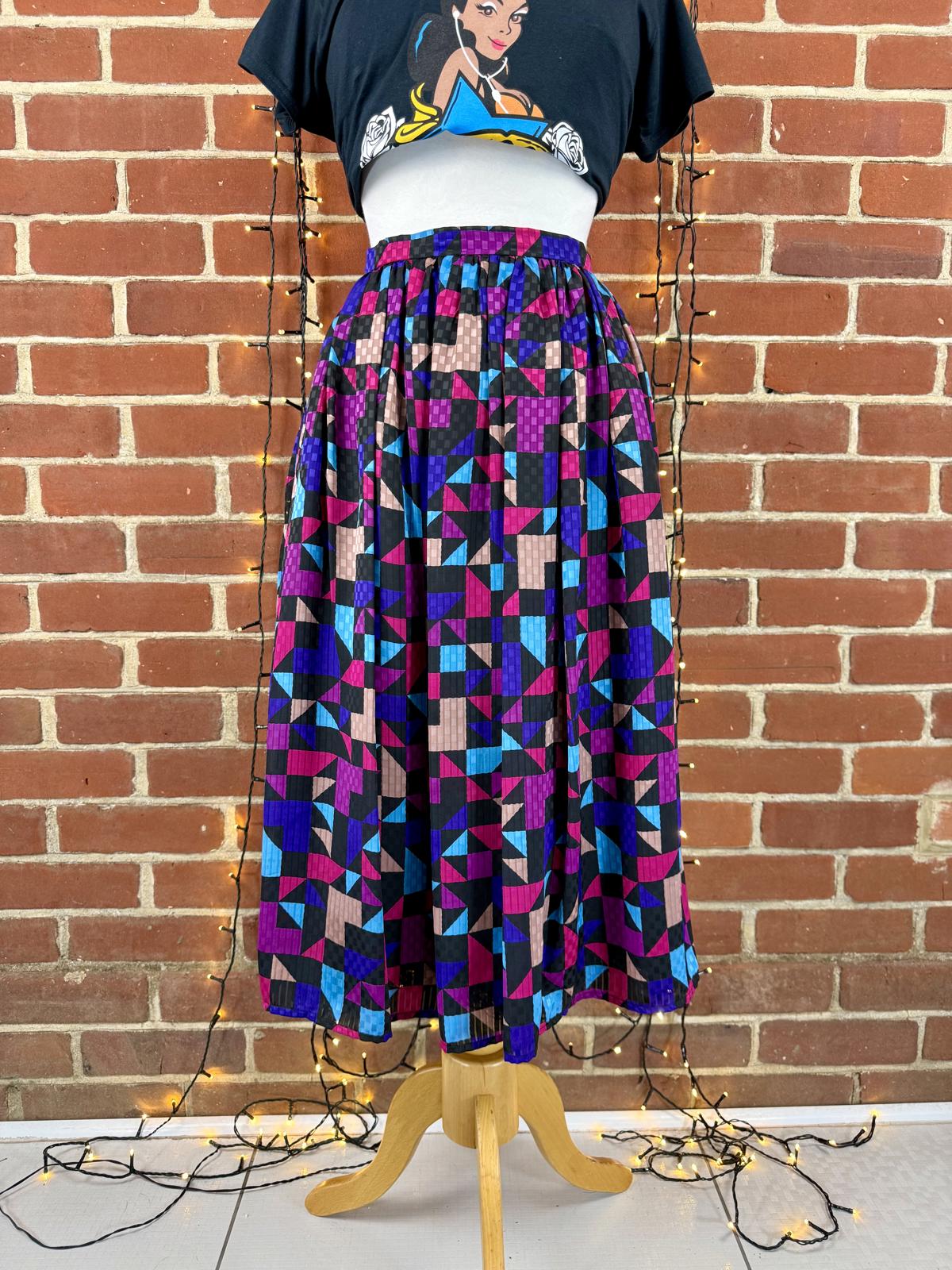 Vintage 80s 90s Geometric Midi Skirt With Pockets UK 6–8 US 2–4
