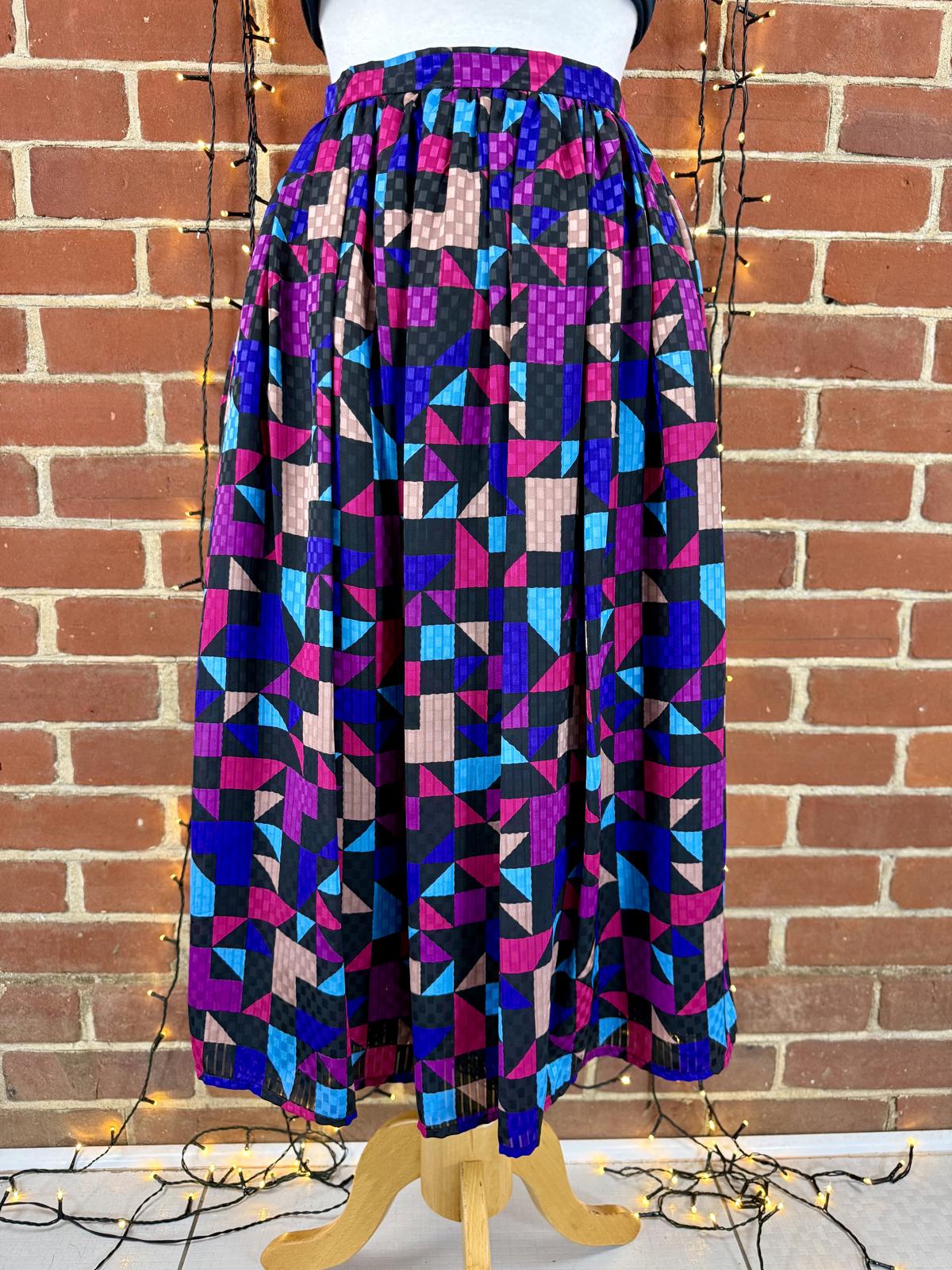 Vintage 80s 90s Geometric Midi Skirt With Pockets UK 6–8 US 2–4