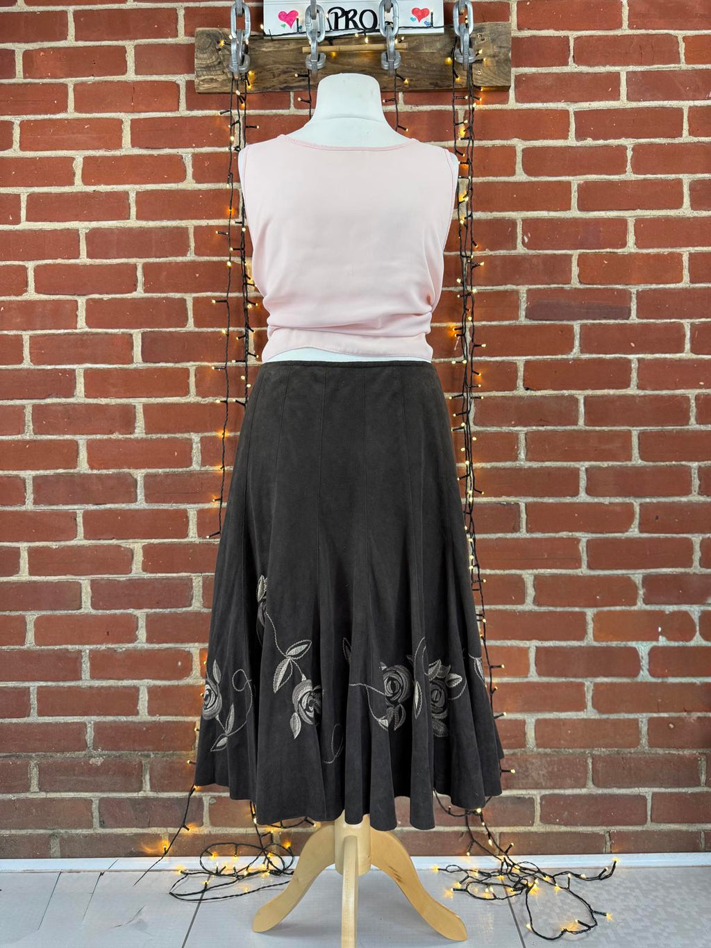 M&S Per Una Brown Y2K  Flared Skirt Embroidered Hem UK 14 Peachskin sku472